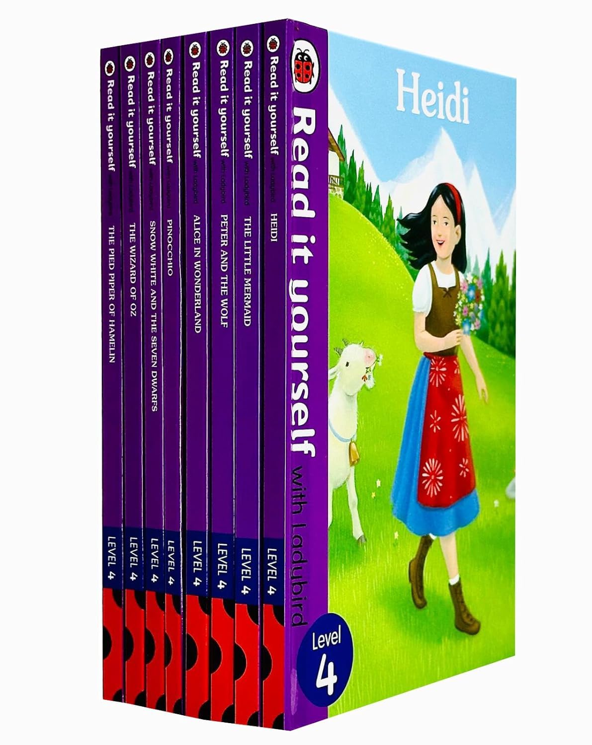 Ladybird Read It Yourself Level 4 paperback books showing Alice in Wonderland and Pinocchio front covers