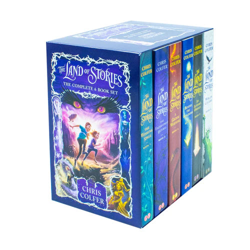 All six paperback covers of The Land of Stories series by Chris Colfer fanned out, showing colorful fairy-tale cover art.