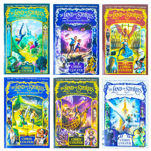 Close-up of A Grimm Warning and Beyond the Kingdoms paperback covers from The Land of Stories collection by Chris Colfer.