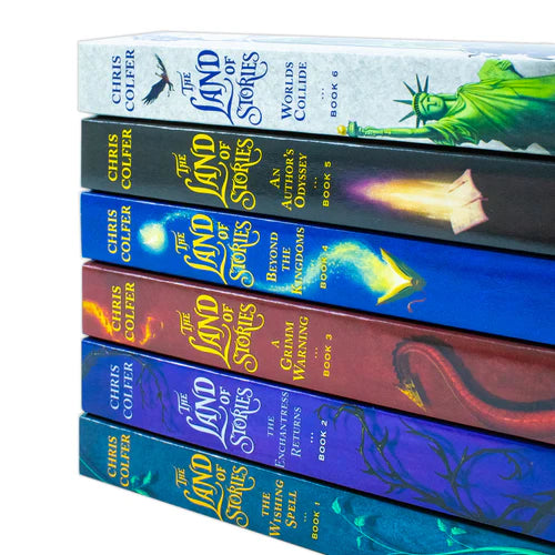 Back cover spines of The Land of Stories 6-book paperback set displayed side by side, showing series title text.