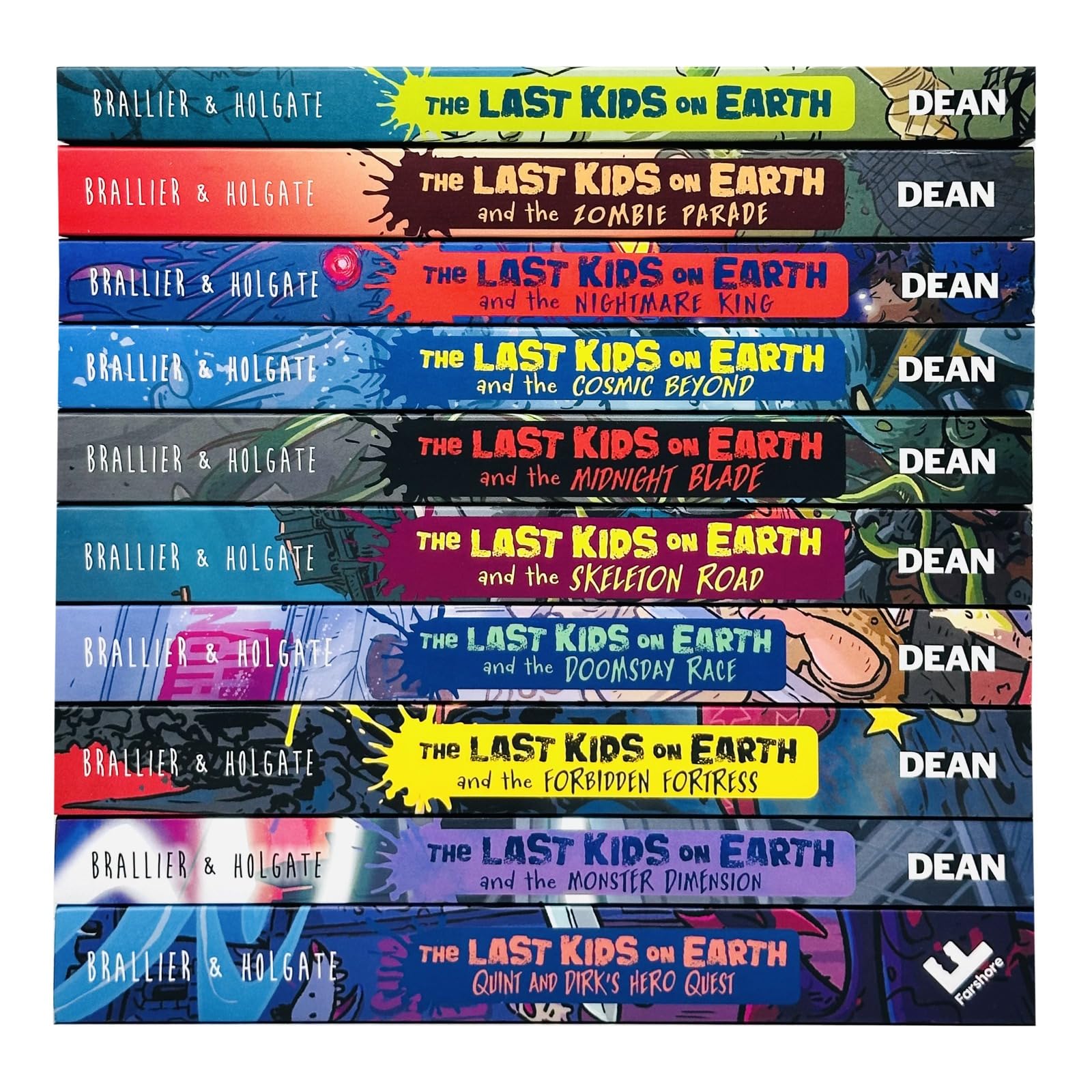 Angled view of all 10 Last Kids on Earth paperback books by Max Brallier fanned out to show spine and cover art