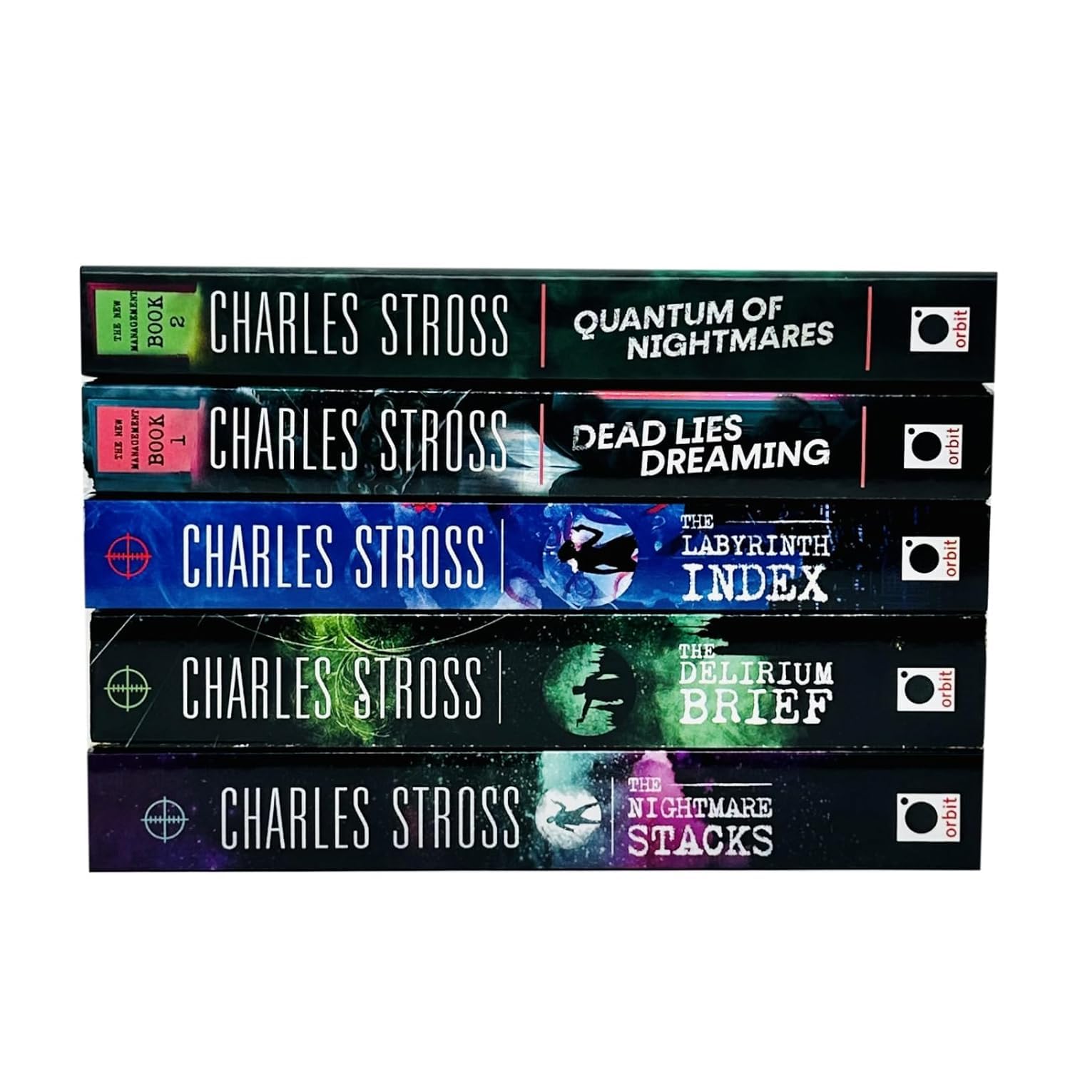 Close-up of The Laundry Files paperback set spines and cover art, Books 7-11 by Charles Stross