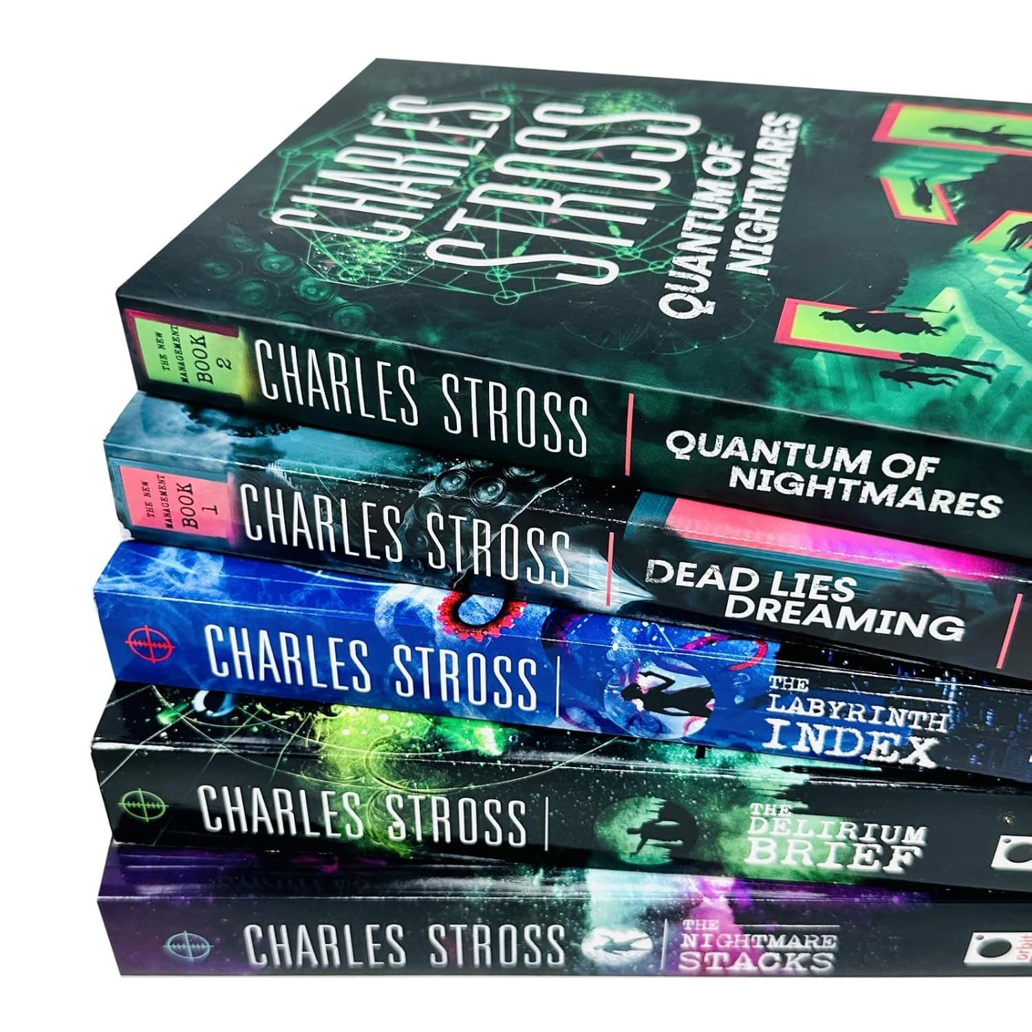 Back cover and synopsis view of The Laundry Files paperback book set by Charles Stross