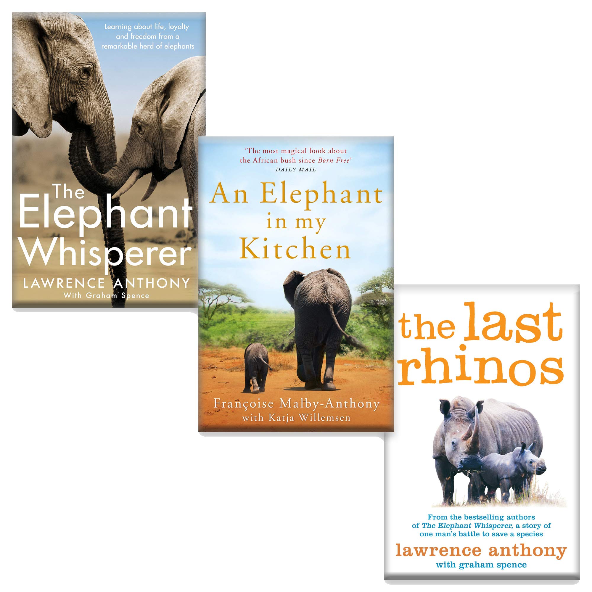 Lawrence Anthony Elephant Collection 3 books set paperback front covers, including The Elephant Whisperer, An Elephant in My Kitchen, and The Last Rhinos