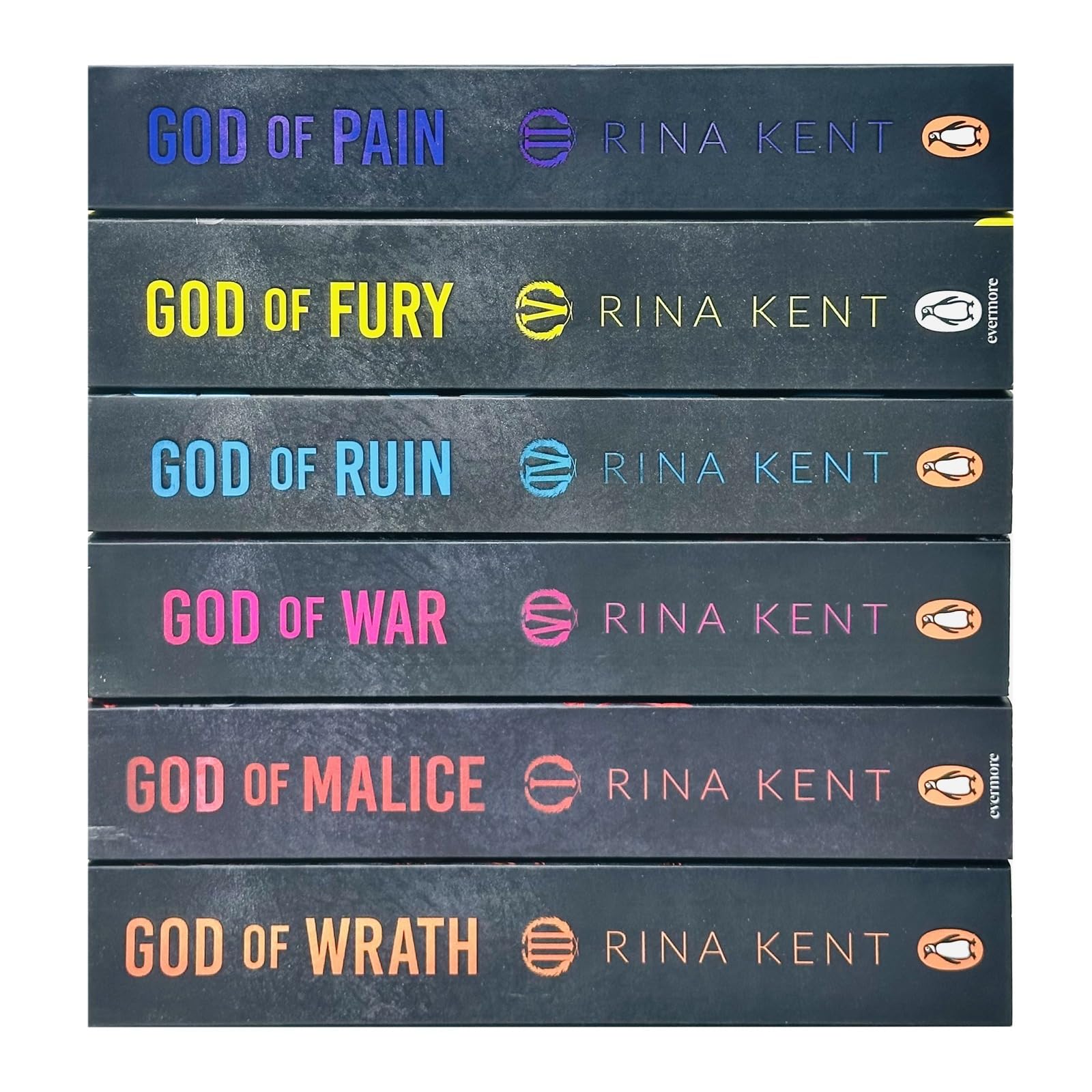 All six Legacy of Gods paperback books by Rina Kent fanned out showing God of Pain, God of Fury, God of Ruin, God of War, God of Malice and God of Wrath covers