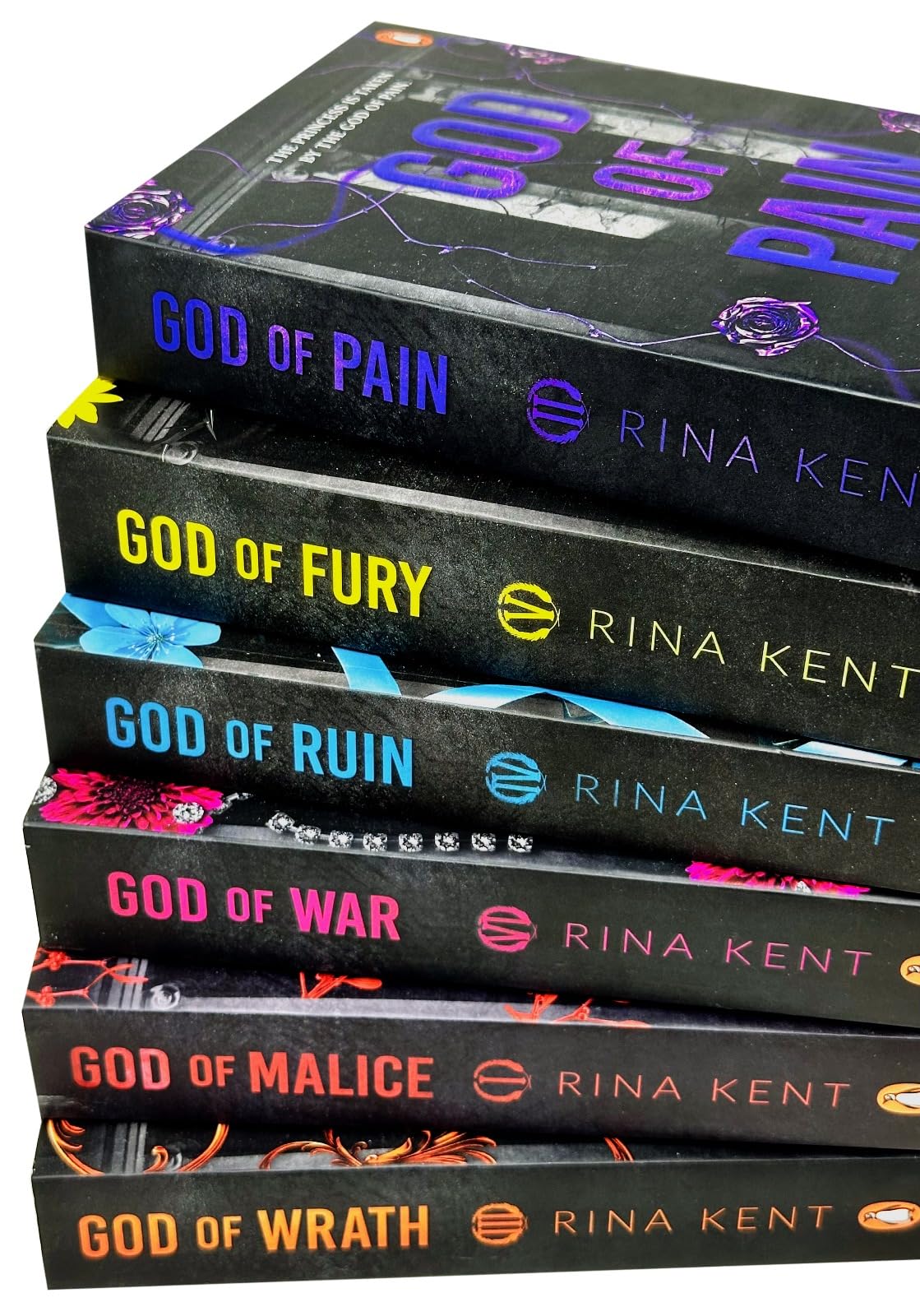 Angled stack view of the Legacy of Gods 6 book paperback collection by Rina Kent highlighting spine and cover art detail