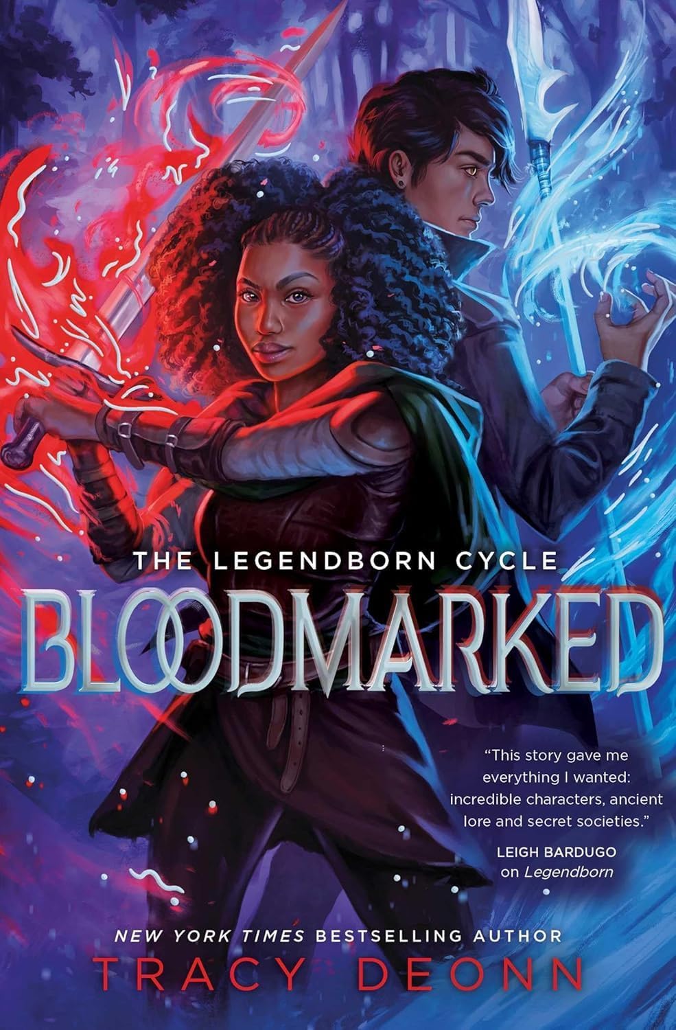Close-up of Legendborn Cycle paperback set cover art and title typography