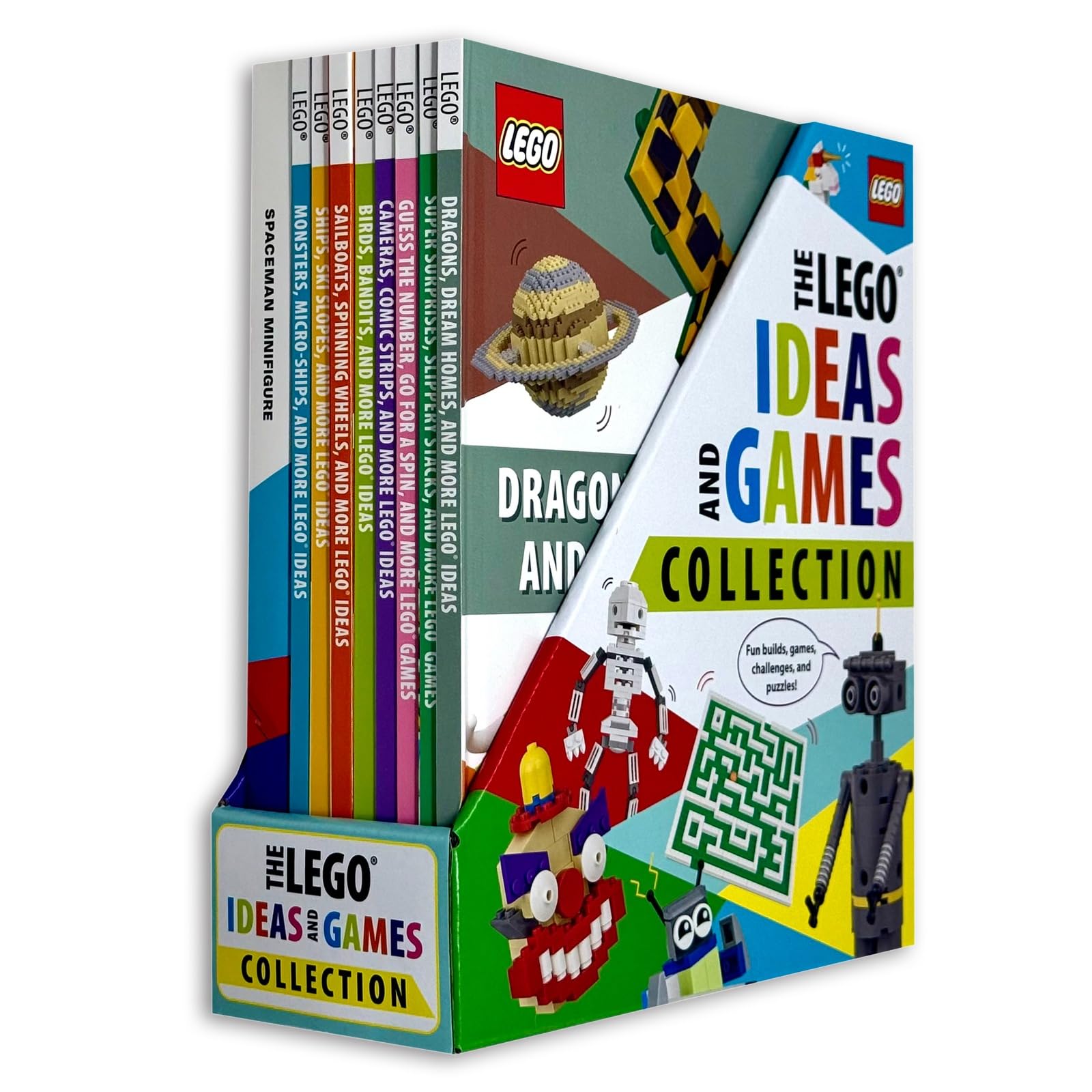 Close-up of Super Surprises and Slippery Stacks hardcover titles from the LEGO Ideas and Games set