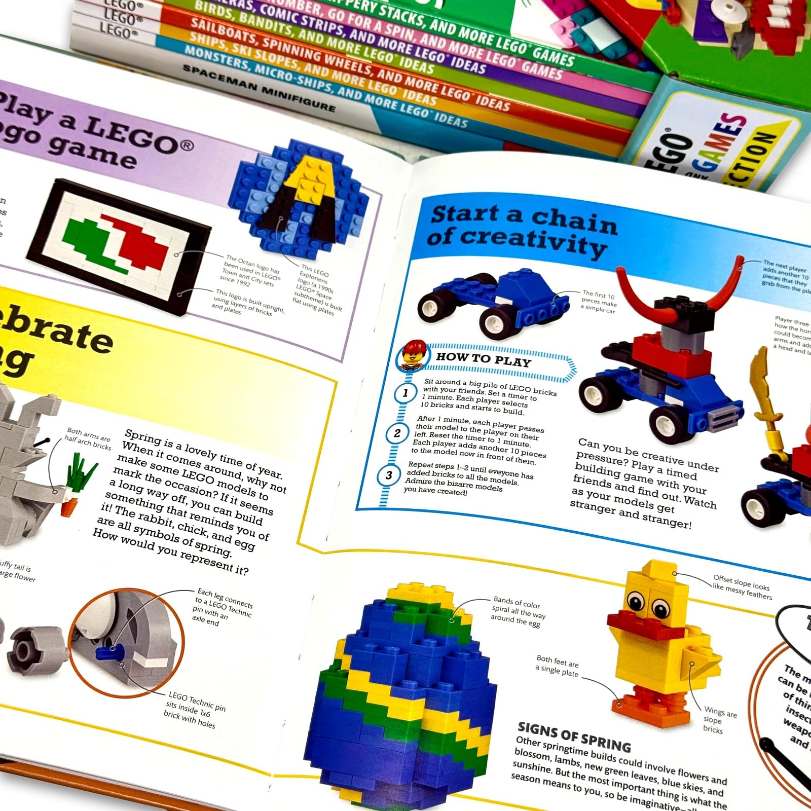 Inside page spread from a LEGO Ideas and Games activity book showing brick-building challenges