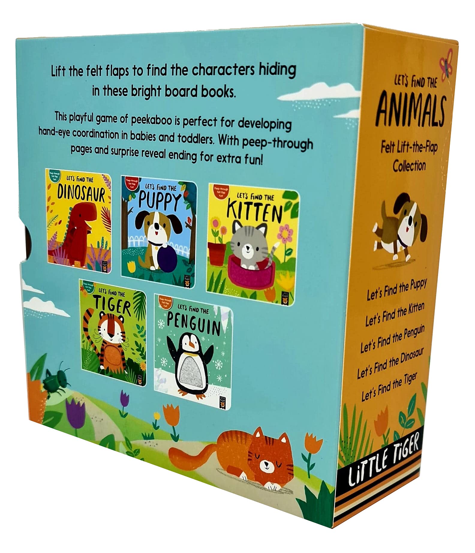 Back of the Let's Find The Animals box set showing all five felt lift-the-flap board book titles