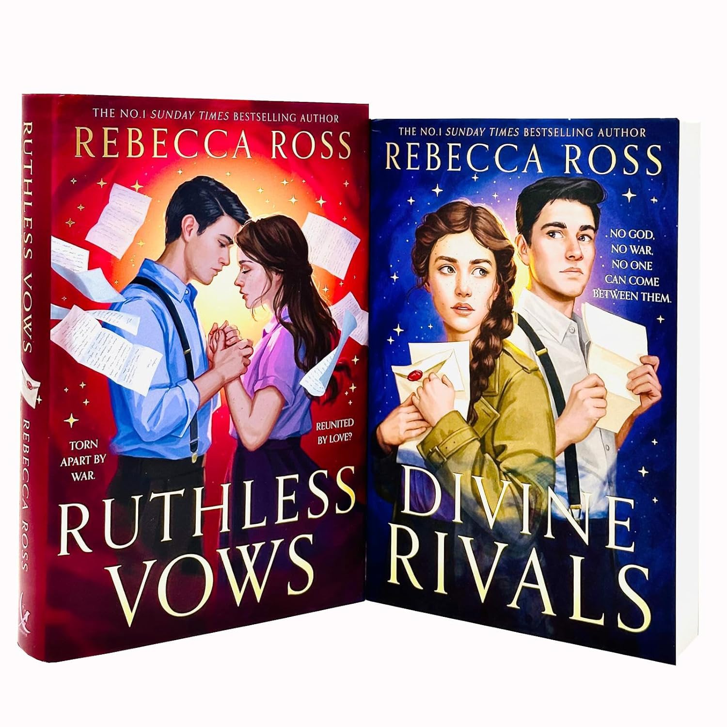 Divine Rivals and Ruthless Vows paperbacks by Rebecca Ross fanned out showing both book covers side by side