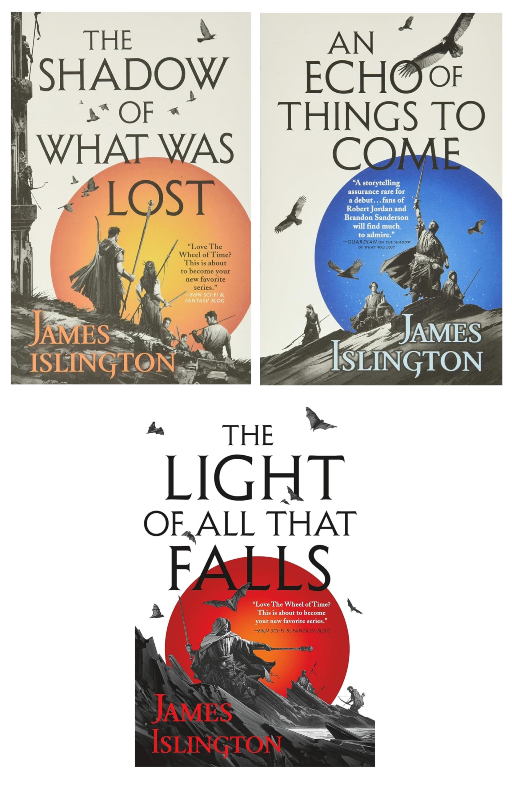 Front covers of the Licanius Trilogy paperback set by James Islington, showing all three fantasy novels together.