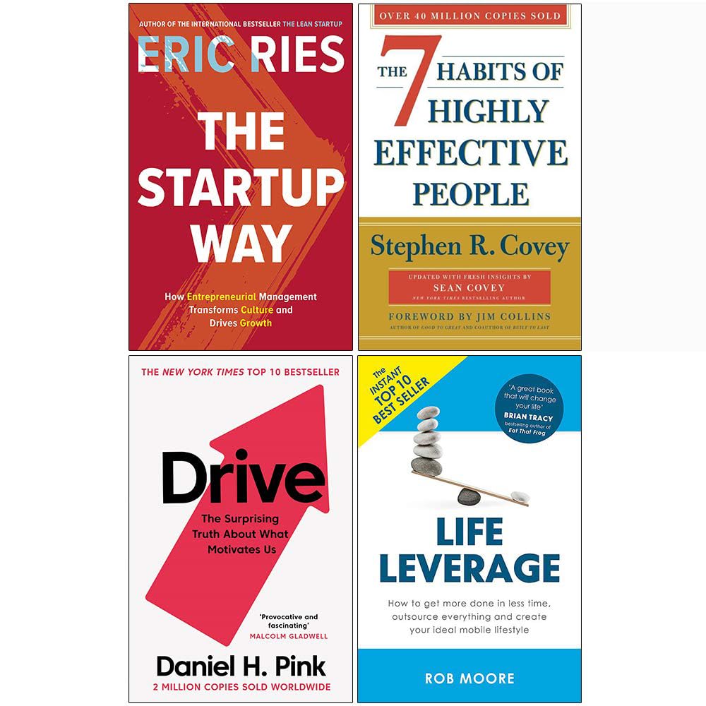Front covers of the Life Leverage 4 Books Collection Set featuring The Startup Way, 7 Habits of Highly Effective People, Drive, and Life Leverage paperbacks.