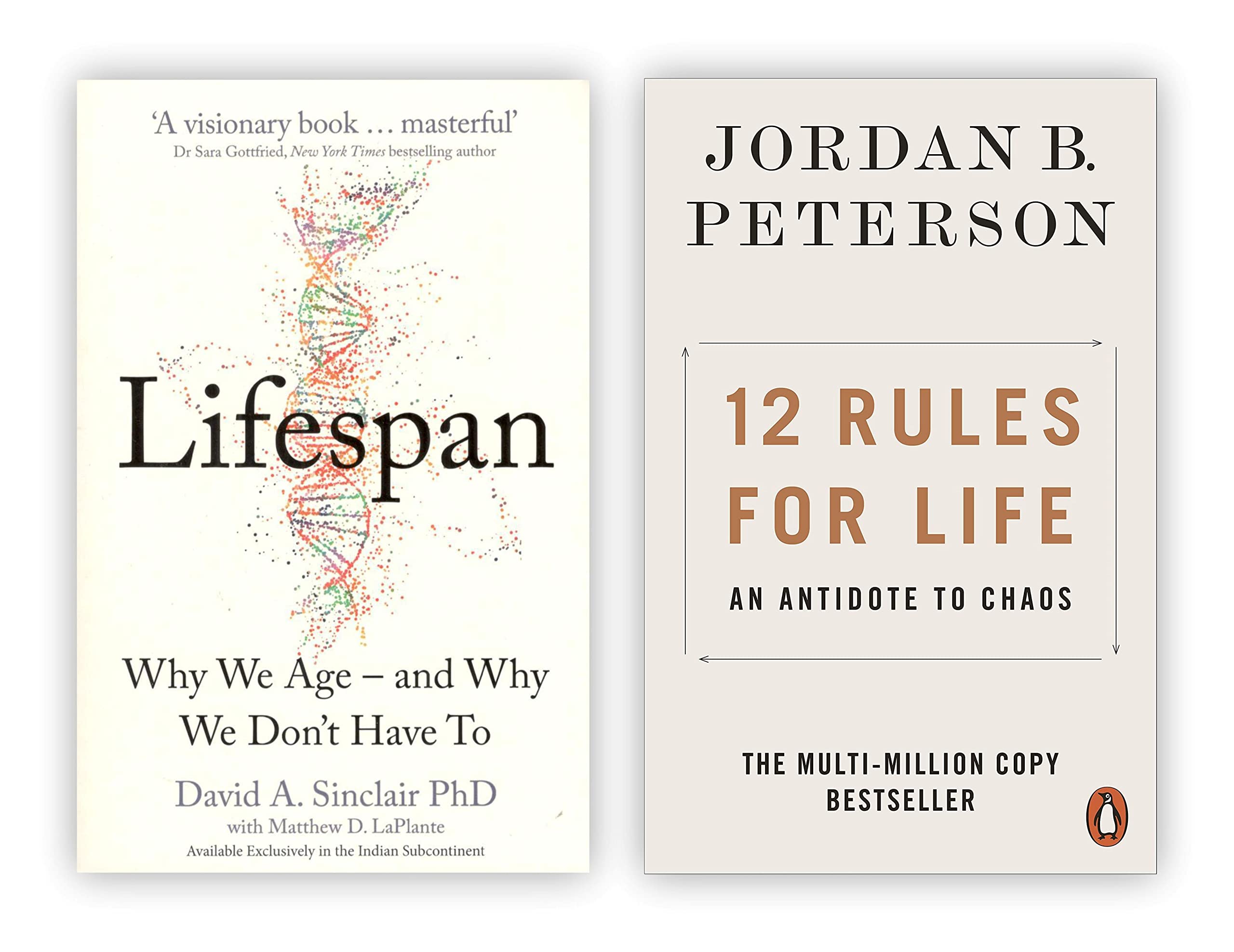 Lifespan by David A. Sinclair and 12 Rules for Life by Jordan B. Peterson 2 books collection set front covers, paperback non-fiction