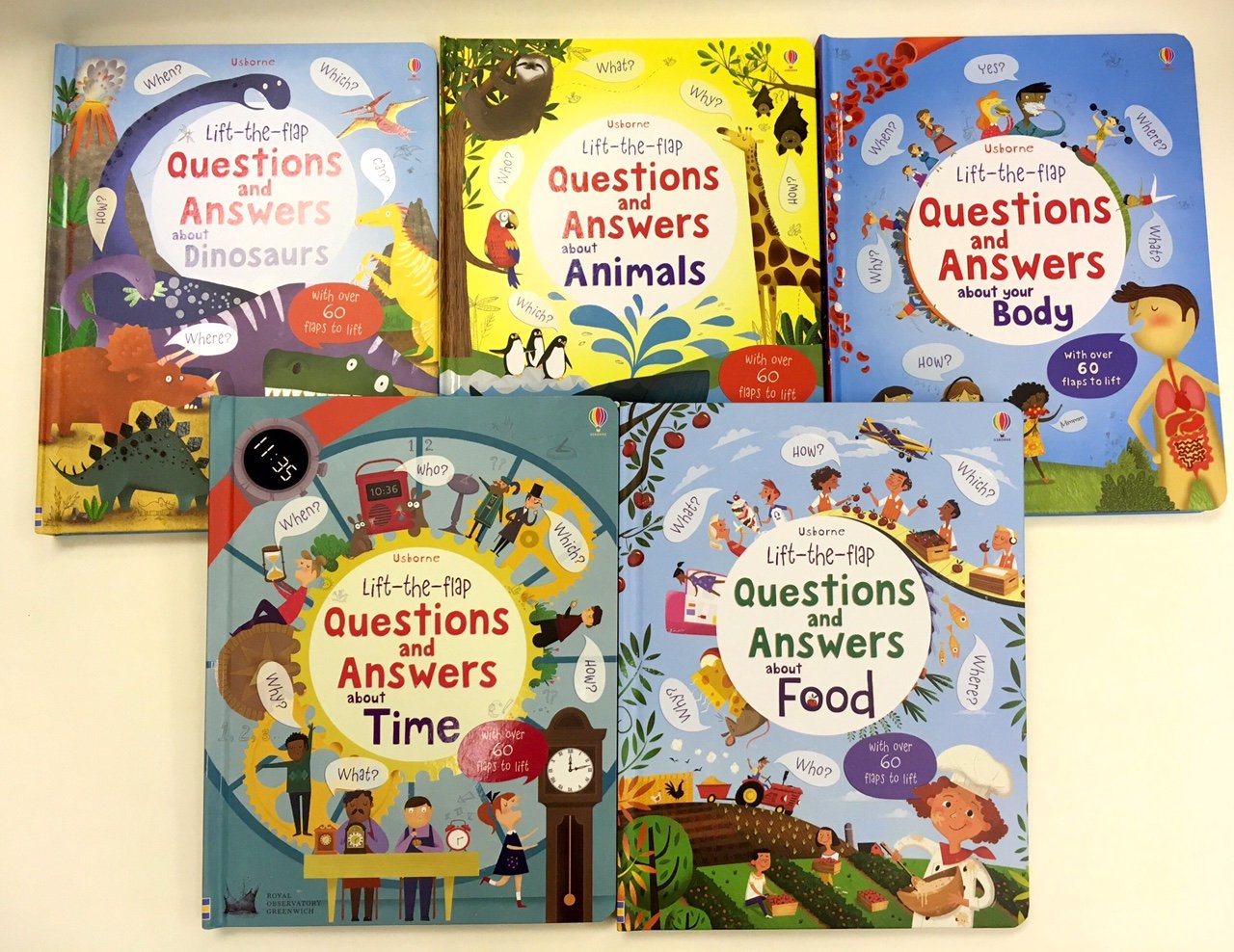 All five hardback titles fanned out showing Food, Time, Dinosaurs, Animals, and Your Body covers