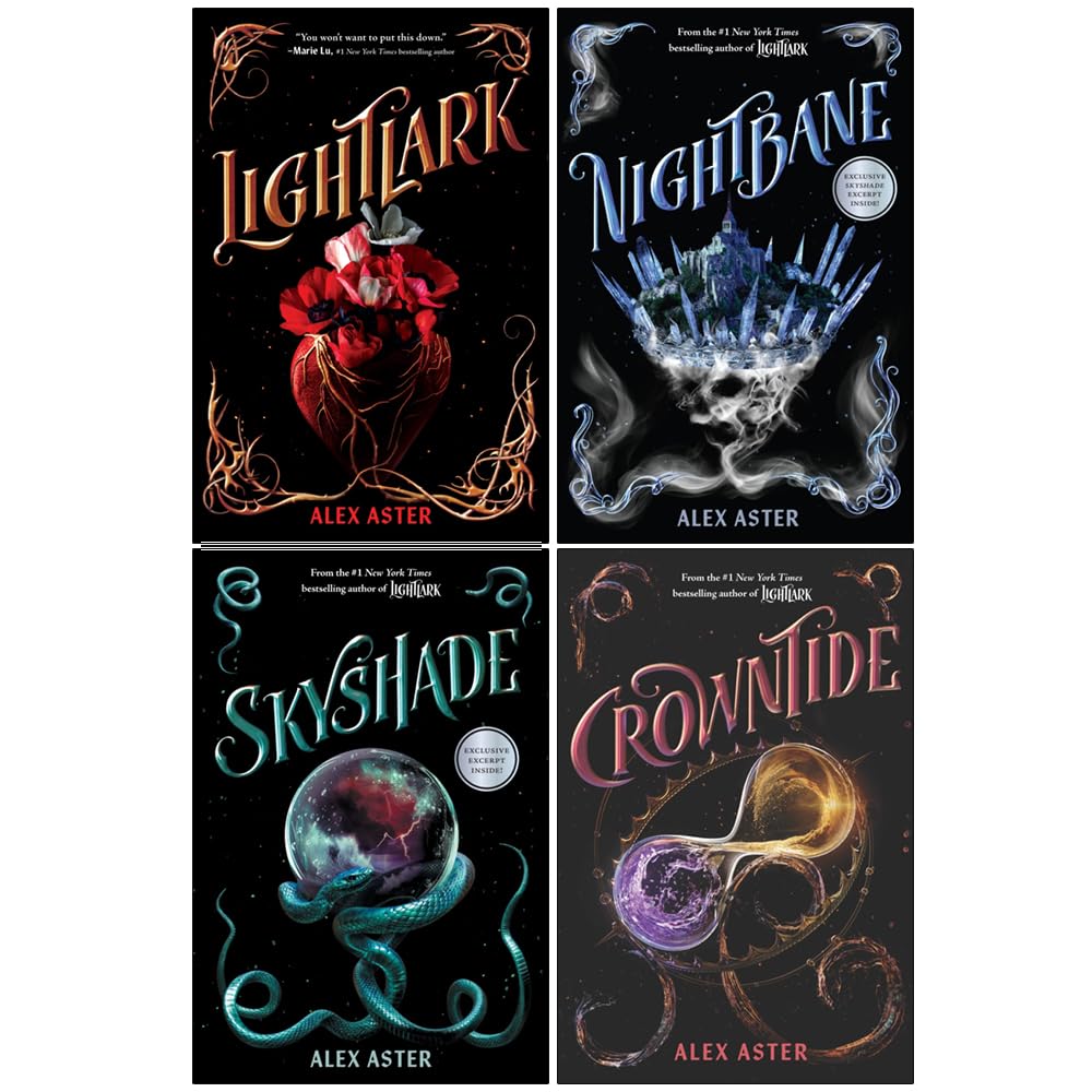 Front covers of all four Lightlark Series paperback books by Alex Aster - Lightlark, Nightbane, Skyshade, and Crowntide - fanned out together.