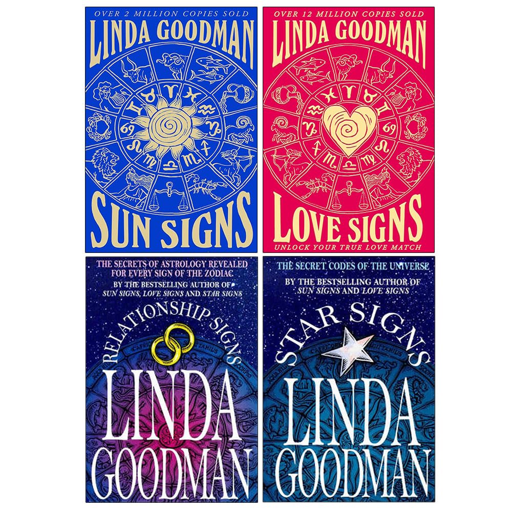 Linda Goodman 4 Books Collection Set paperback front covers - Sun Signs, Love Signs, Relationship Signs, Star Signs