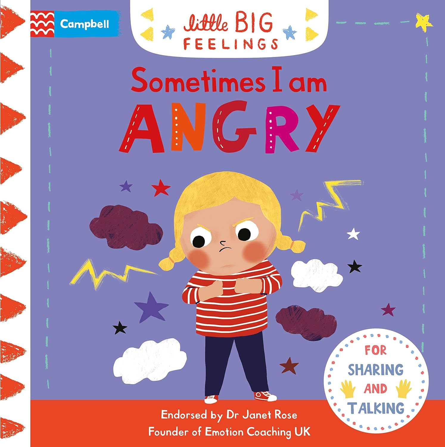 Inside page spread from a Little Big Feelings board book showing simple text and colorful character illustrations
