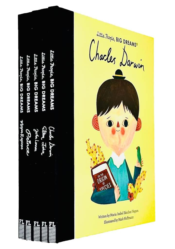 Little People, BIG DREAMS 5 Books Collection Set hardback front covers featuring Elton John, John Lennon, Charles Darwin, Prince, and Megan Rapinoe.