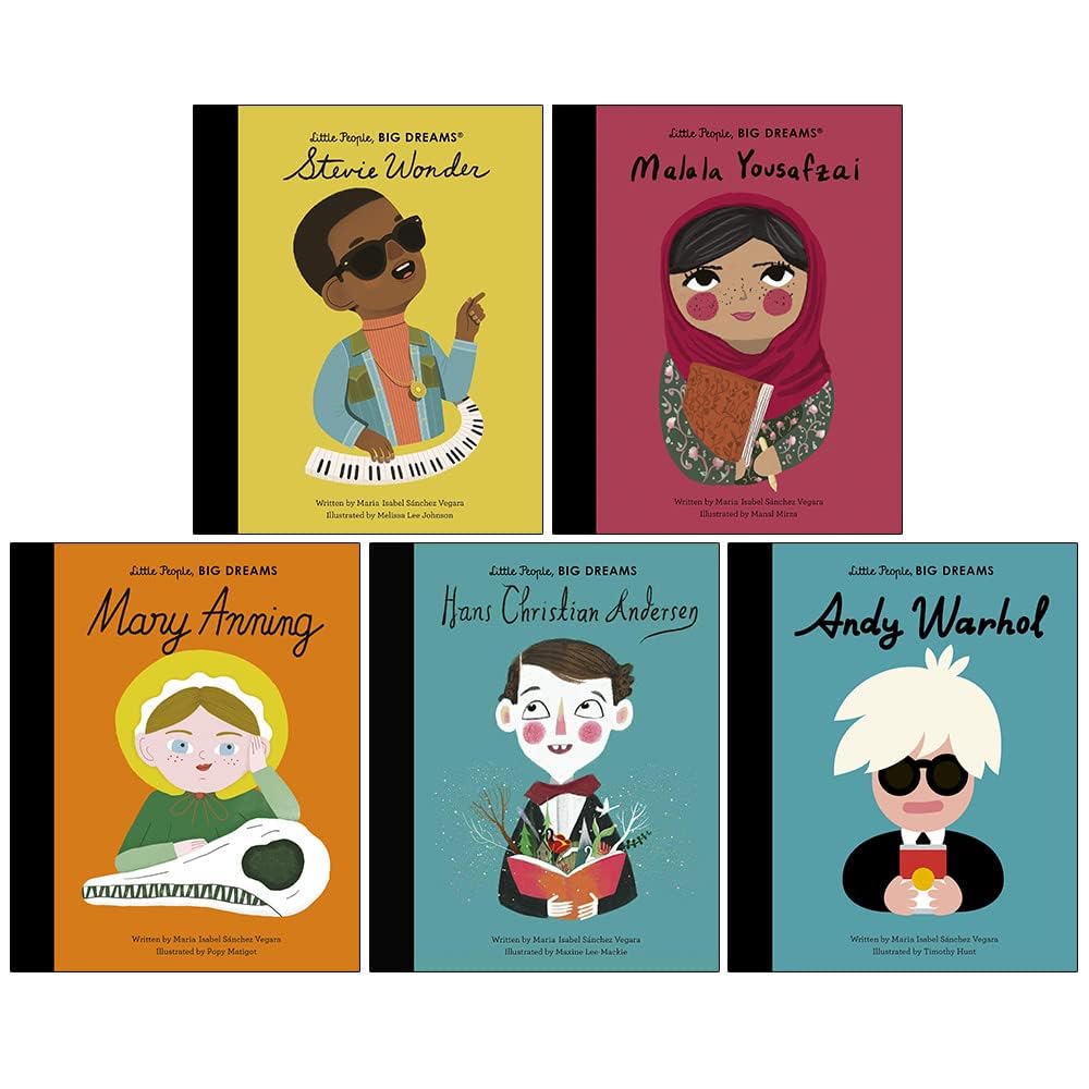 Close-up of the Little People, Big Dreams hardback covers featuring Stevie Wonder, Malala Yousafzai, and Mary Anning.