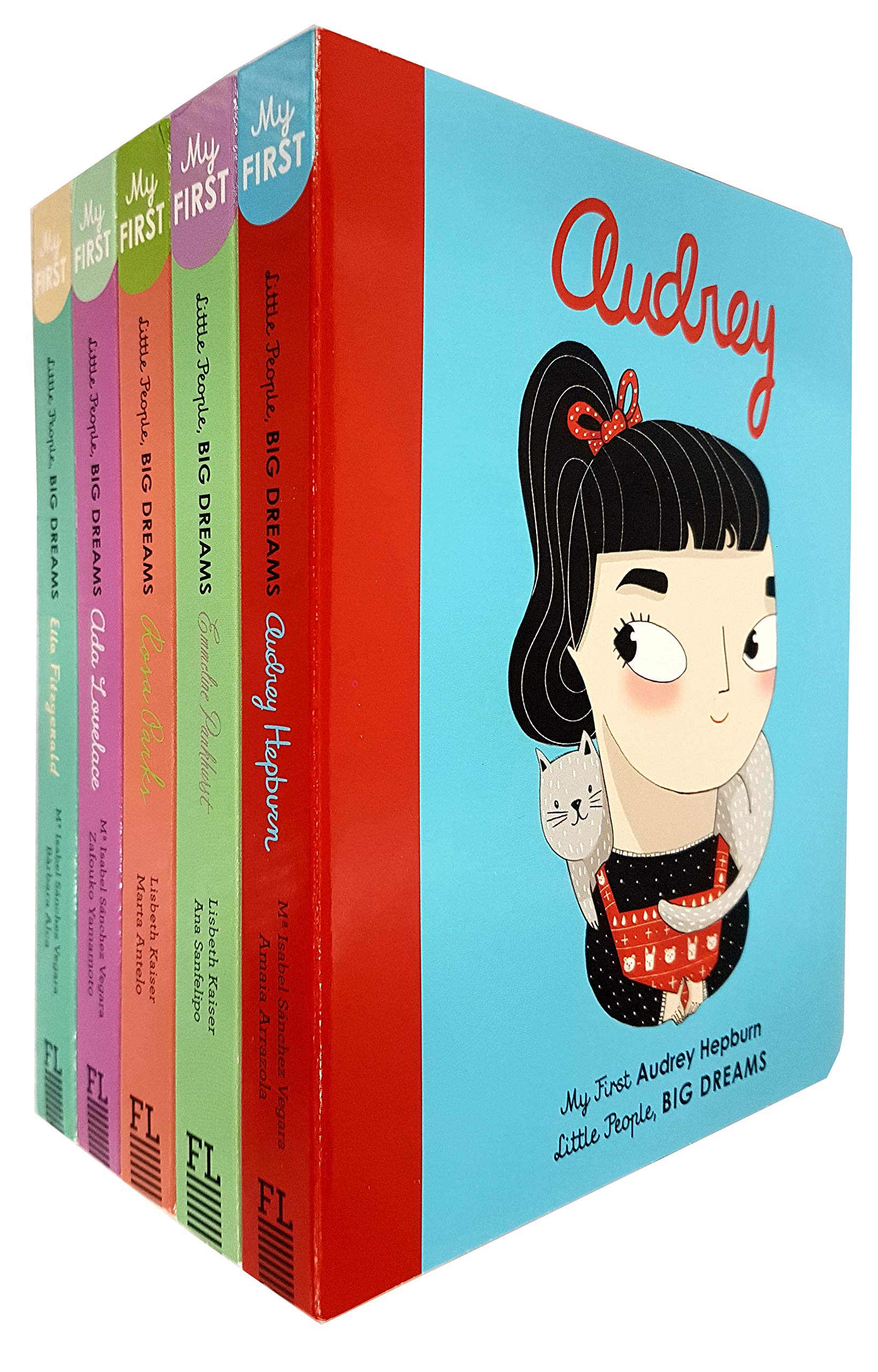 Front cover of Little People, BIG DREAMS Series 2 5-book board book set featuring Rosa Parks, Emmeline Pankhurst, Ella Fitzgerald, Audrey Hepburn, and Ada Lovelace.