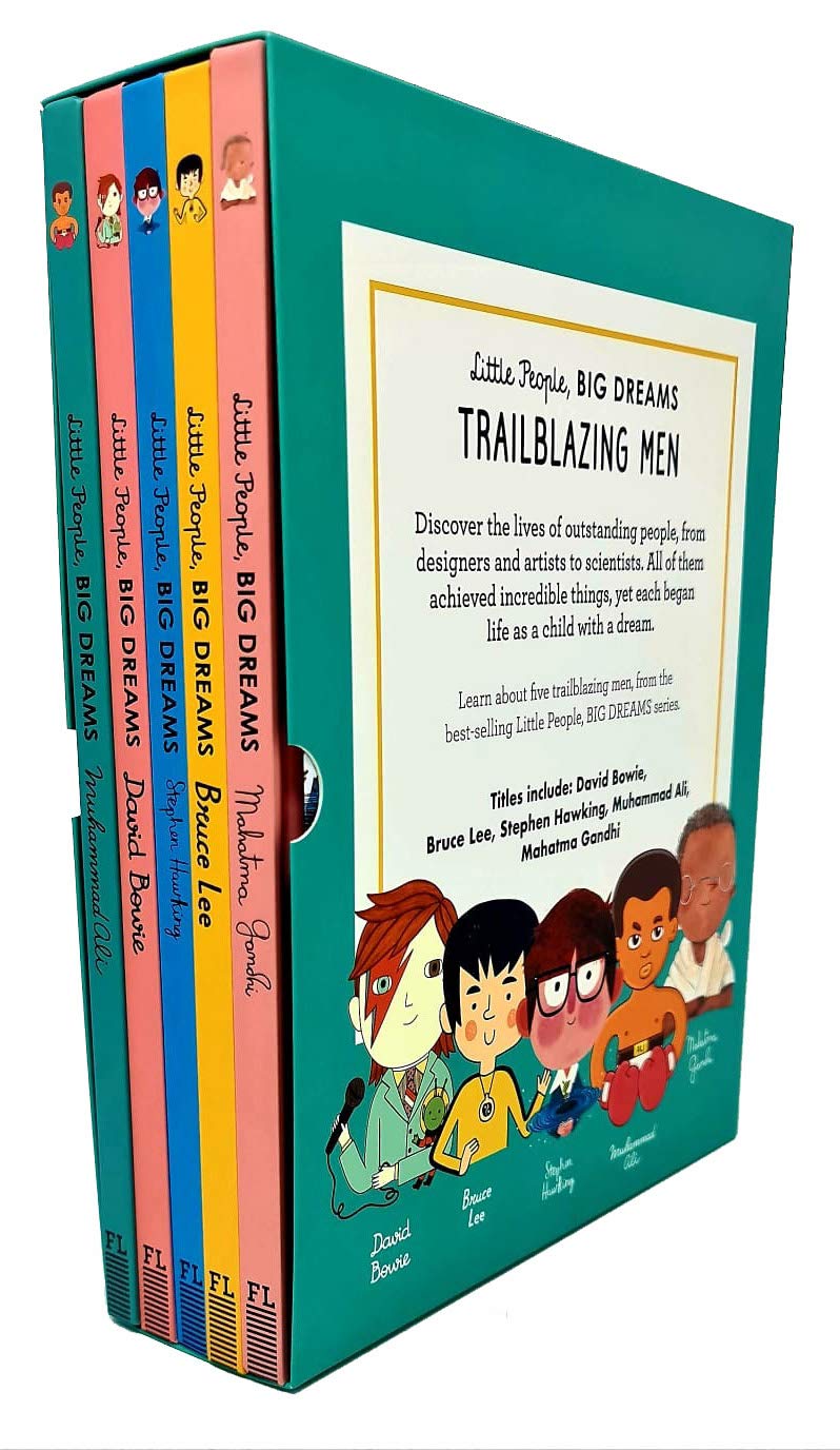 All five hardcover books from the Little People, Big Dreams Trailblazing Men set fanned out to show individual covers for ages 3-7