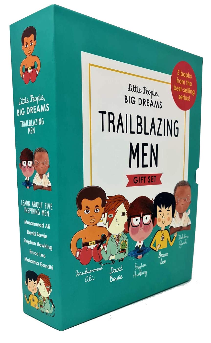 Inside page spread from a Little People, Big Dreams Trailblazing Men hardcover biography showing illustrated storytelling and biographical timeline