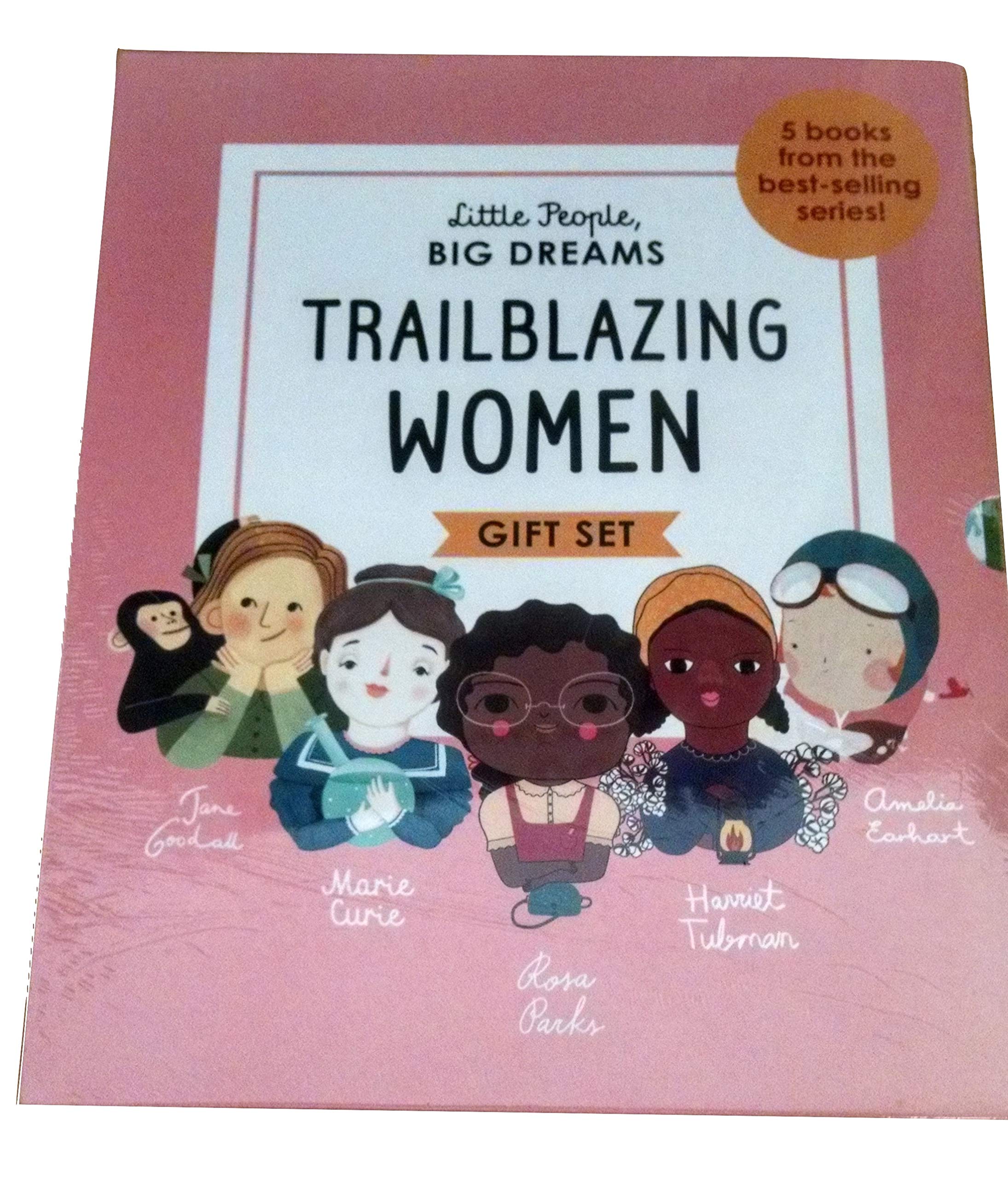 Little People, BIG DREAMS Trailblazing Women 5 Books Collection Set hardback box front cover featuring Amelia Earhart, Marie Curie, Rosa Parks, Harriet Tubman, and Jane Goodall