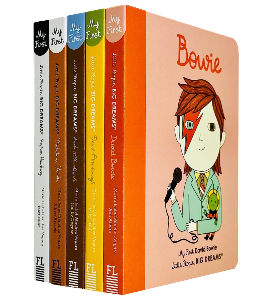 Little People, Big Dreams 5-book board book set front covers featuring David Bowie, David Attenborough, Martin Luther King Jr, Mahatma Gandhi, and Stephen Hawking for ages 0-5