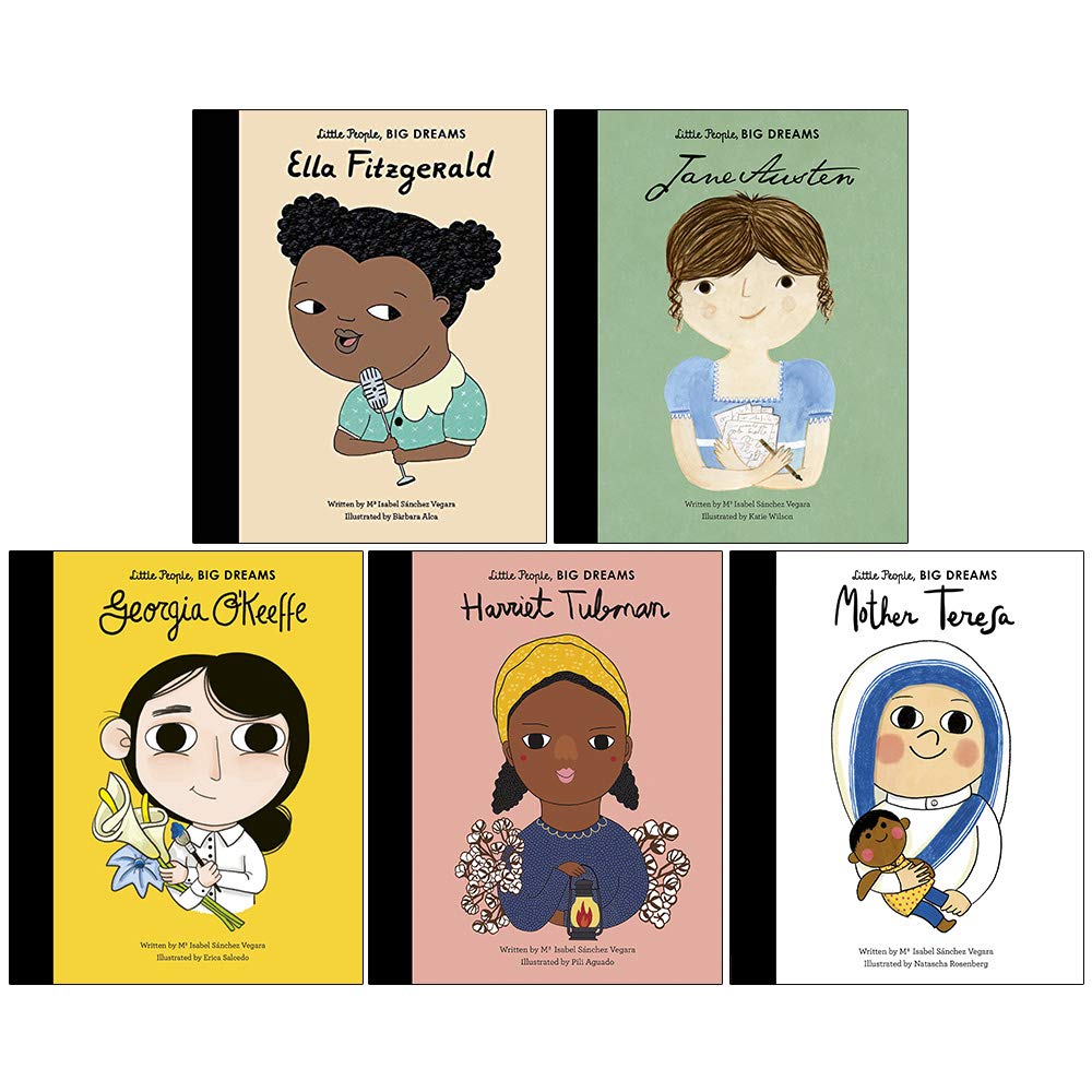 Stack of five Little People, Big Dreams hardcover biography books including Ella Fitzgerald and Mother Teresa
