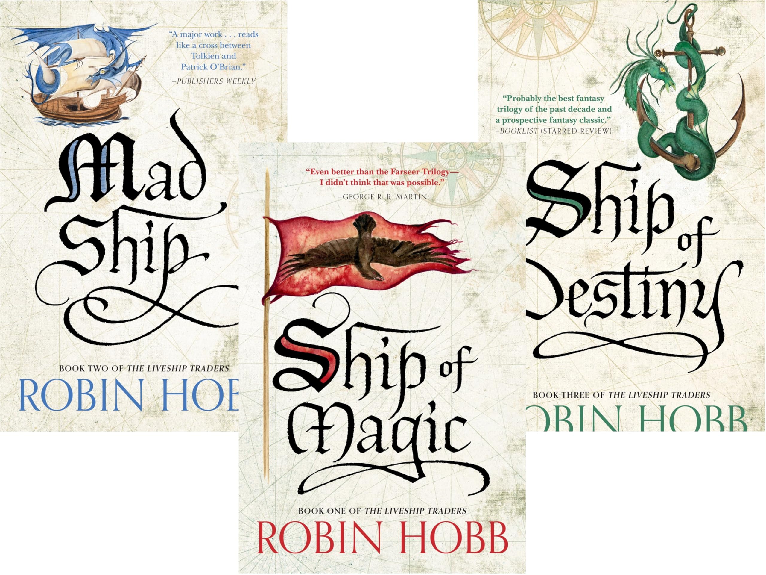 Front cover view of Robin Hobb's Liveship Traders trilogy paperback 3-book set: Ship of Magic, The Mad Ship, and Ship of Destiny.