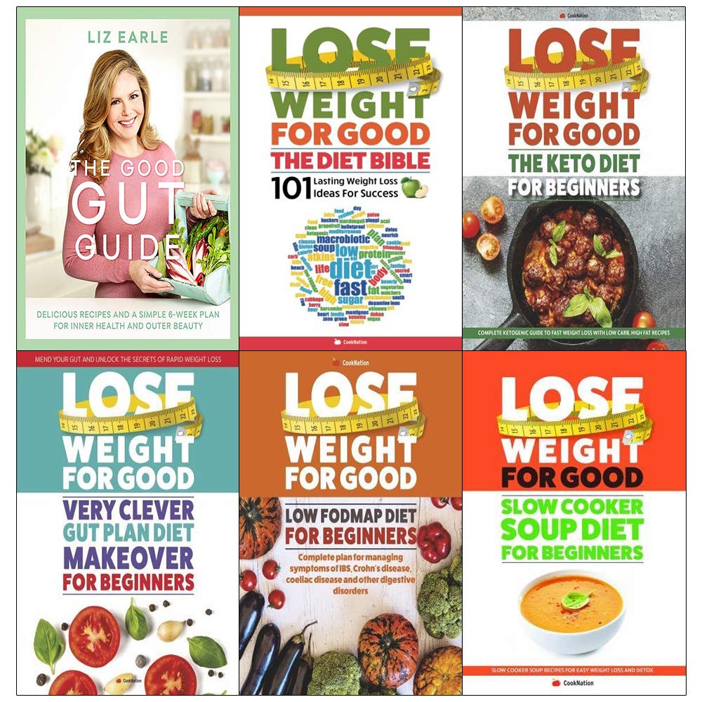 Front view of the Liz Earle Gut Book and Lose Weight For Good 6 books paperback collection set displayed on a wooden surface