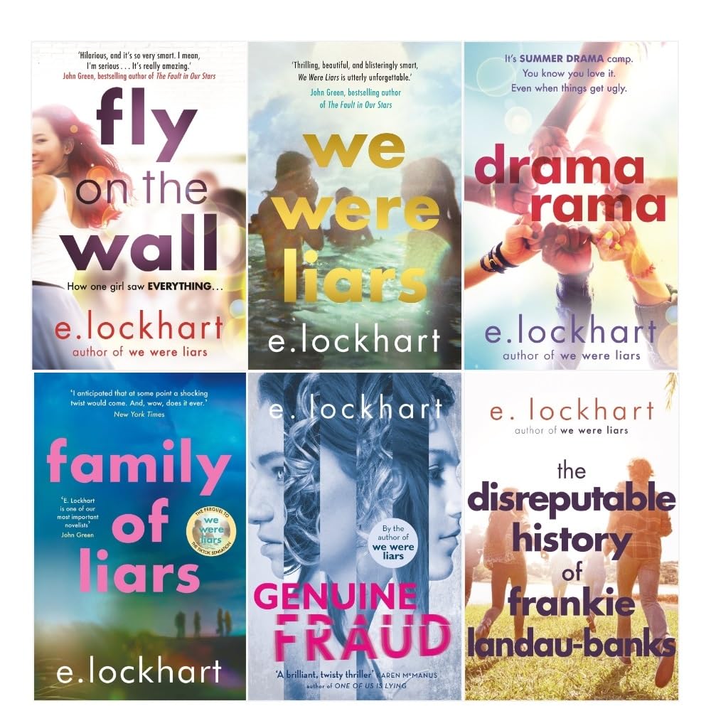 E. Lockhart 6 Books Collection Set paperback front covers featuring We Were Liars, Genuine Fraud, Family of Liars, Dramarama, Fly on the Wall, and Frankie Landau-Banks