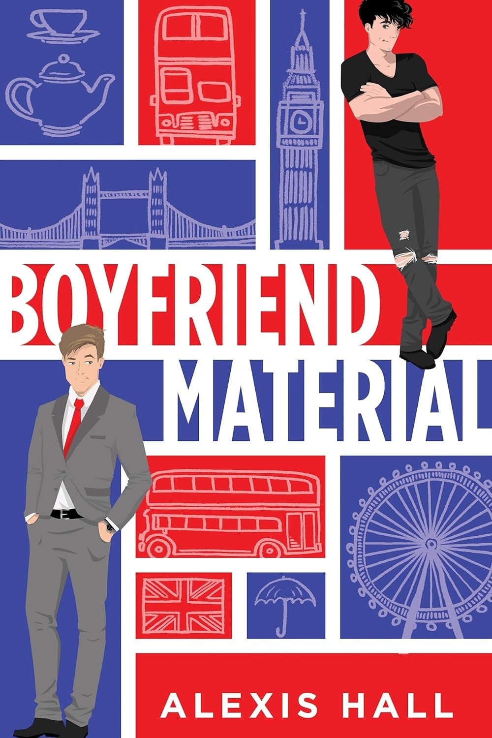 Boyfriend Material, Husband Material, and Father Material paperback covers fanned out together, showing the full London Calling series by Alexis Hall