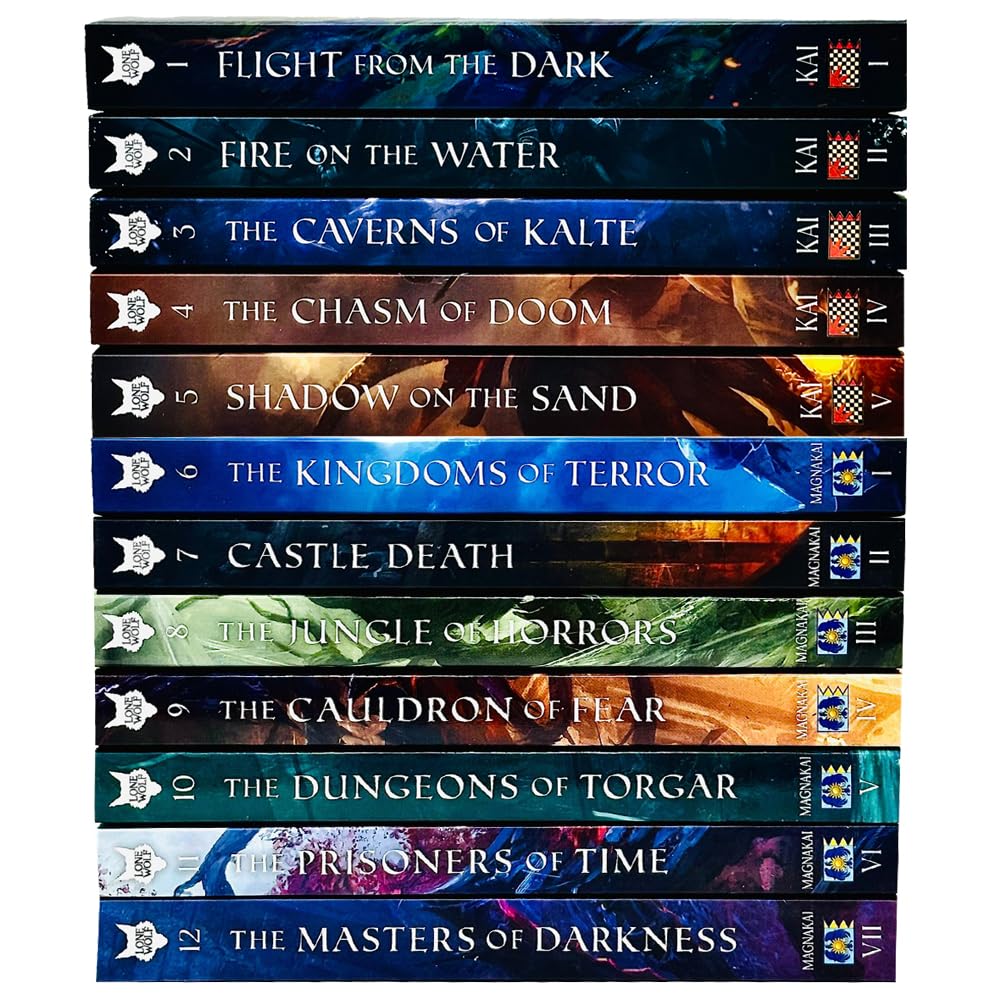 Close-up of Lone Wolf Books 1-4 paperback covers, Joe Dever fantasy gamebook series
