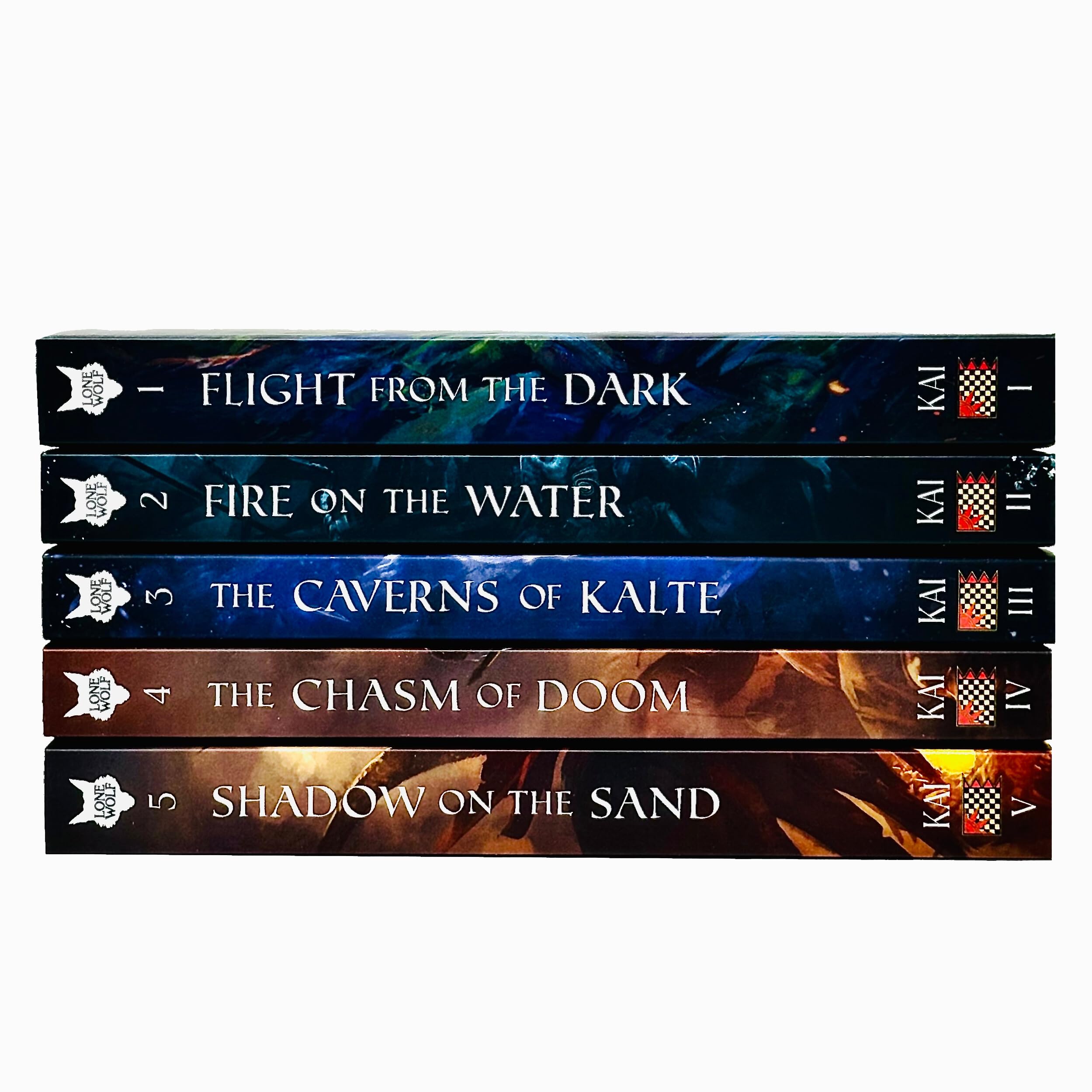 Lone Wolf 5 book paperback set by Joe Dever fanned out showing Flight from the Dark, Fire on the Water, and other titles