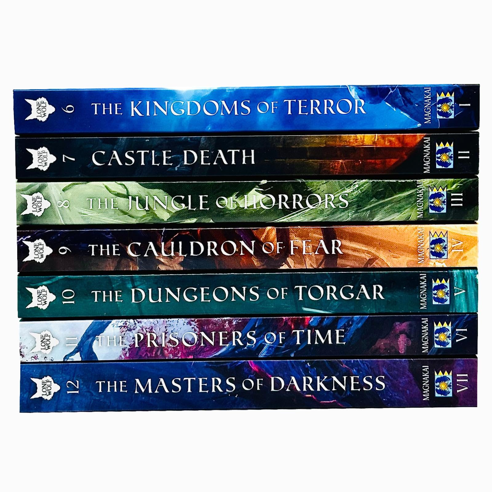 Lone Wolf Series by Joe Dever 7 book paperback set fanned out showing all titles from Kingdoms of Terror to Masters of Darkness