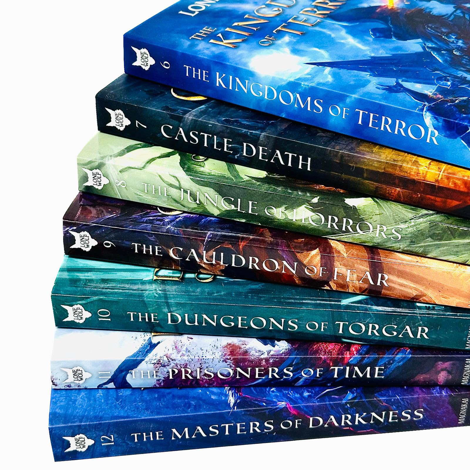 Close-up of Lone Wolf gamebook covers by Joe Dever showing illustrated fantasy artwork and Holmgard Press paperback edition