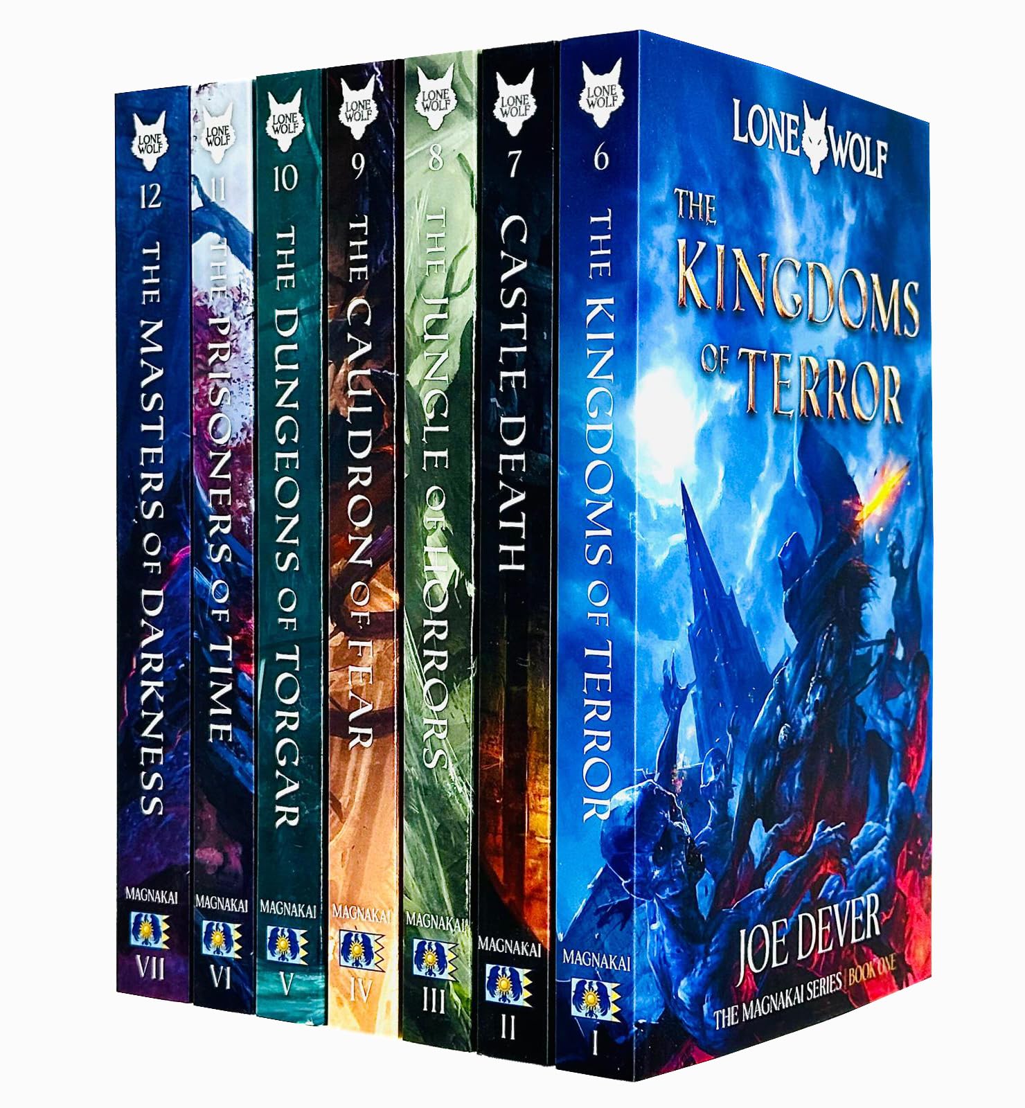 Lone Wolf Series by Joe Dever 7 Books Collection Set front covers, Books 6-12 Magnakai saga, paperback, ages 9-14