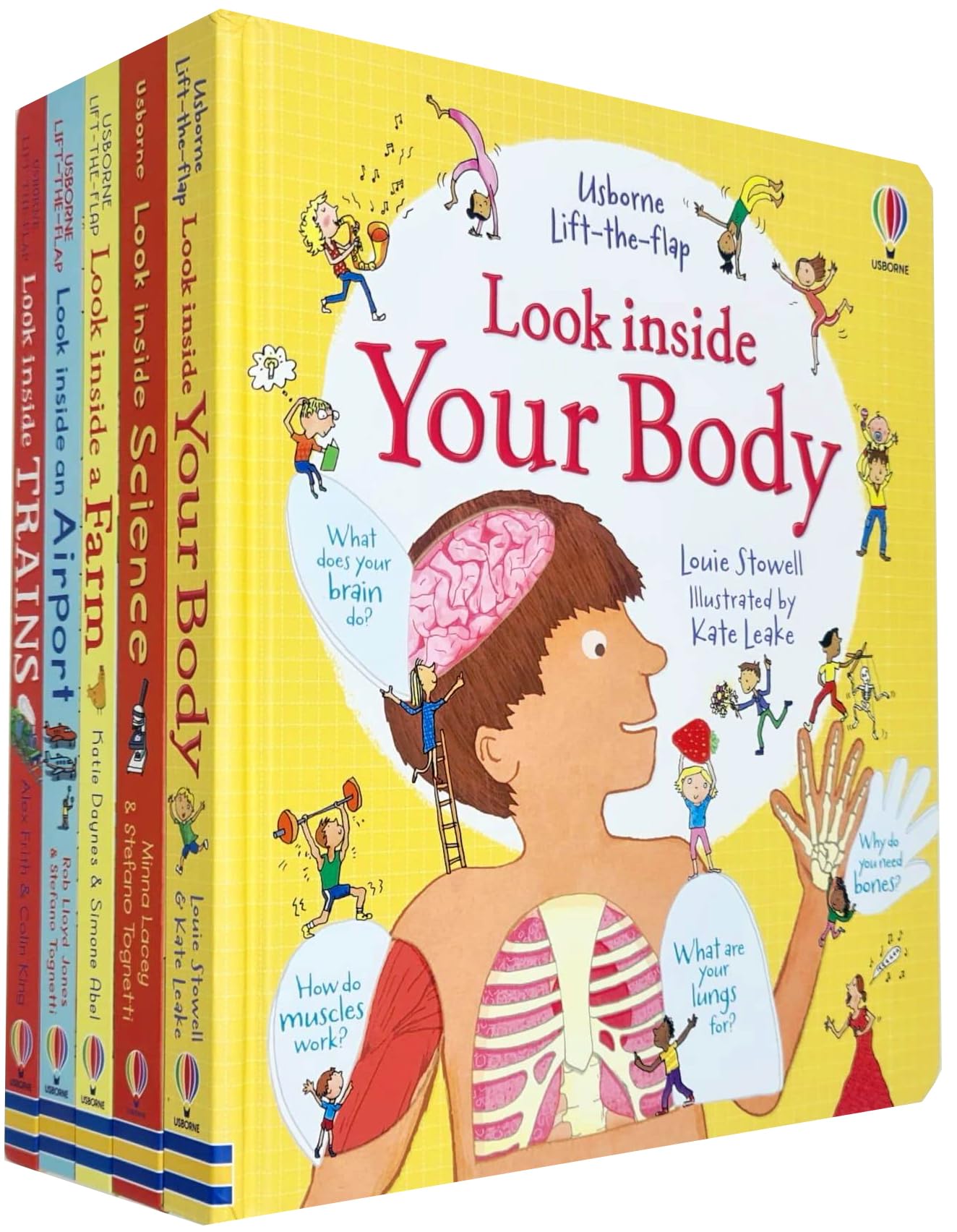 Front cover of Usborne Look Inside 5 Books Collection Set by Emily Bone, board books showing Your Body, Science, Farm, Airport and Trains titles