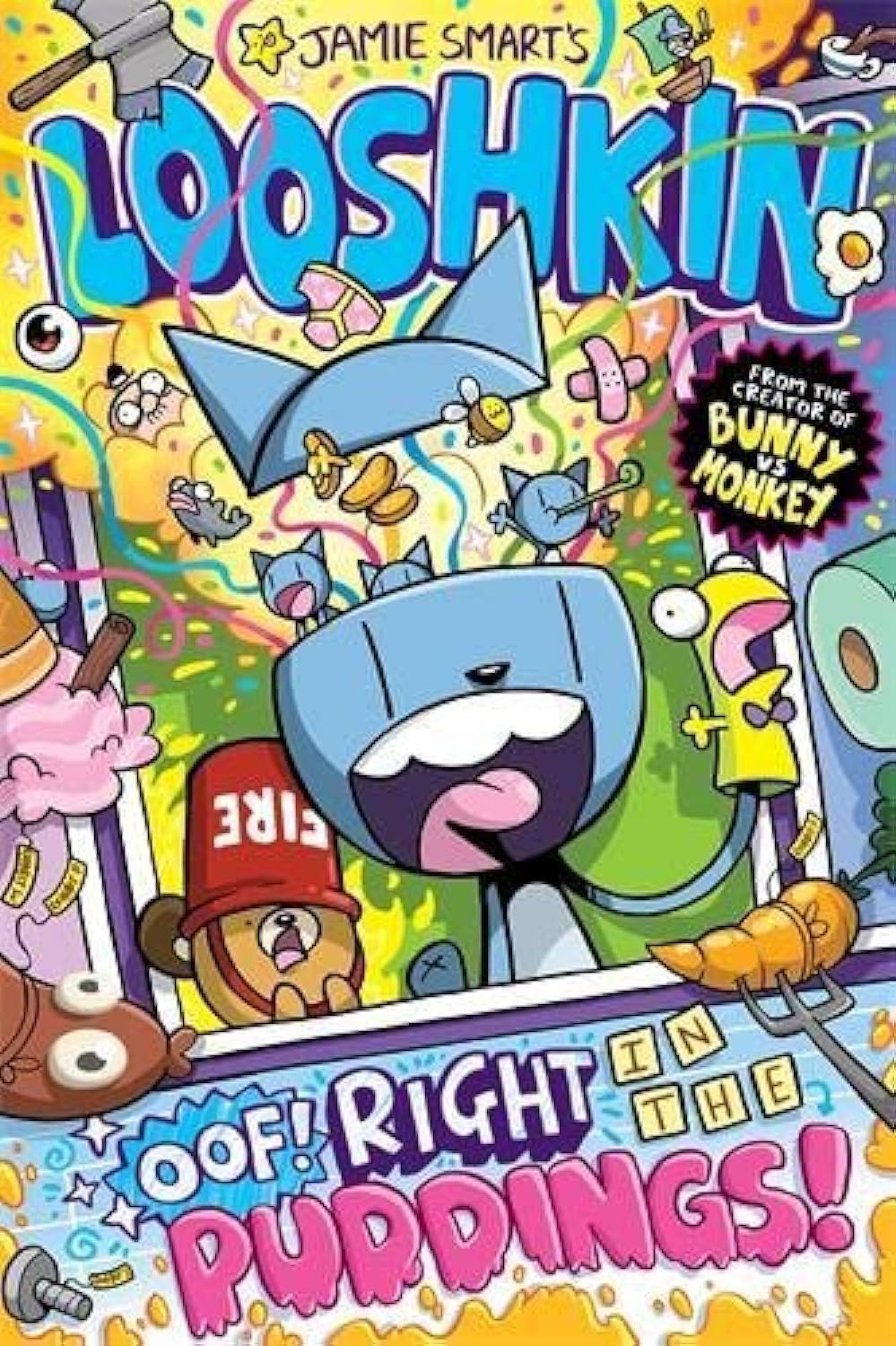Close-up of colorful cartoon cover illustrations from the Looshkin graphic novel collection by Jamie Smart