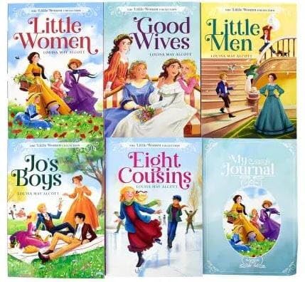 Full six-book Louisa May Alcott Family Favorites Collection set fanned out showing Eight Cousins, Good Wives, Little Men, Little Women, Jo's Boys, and My Journal spines