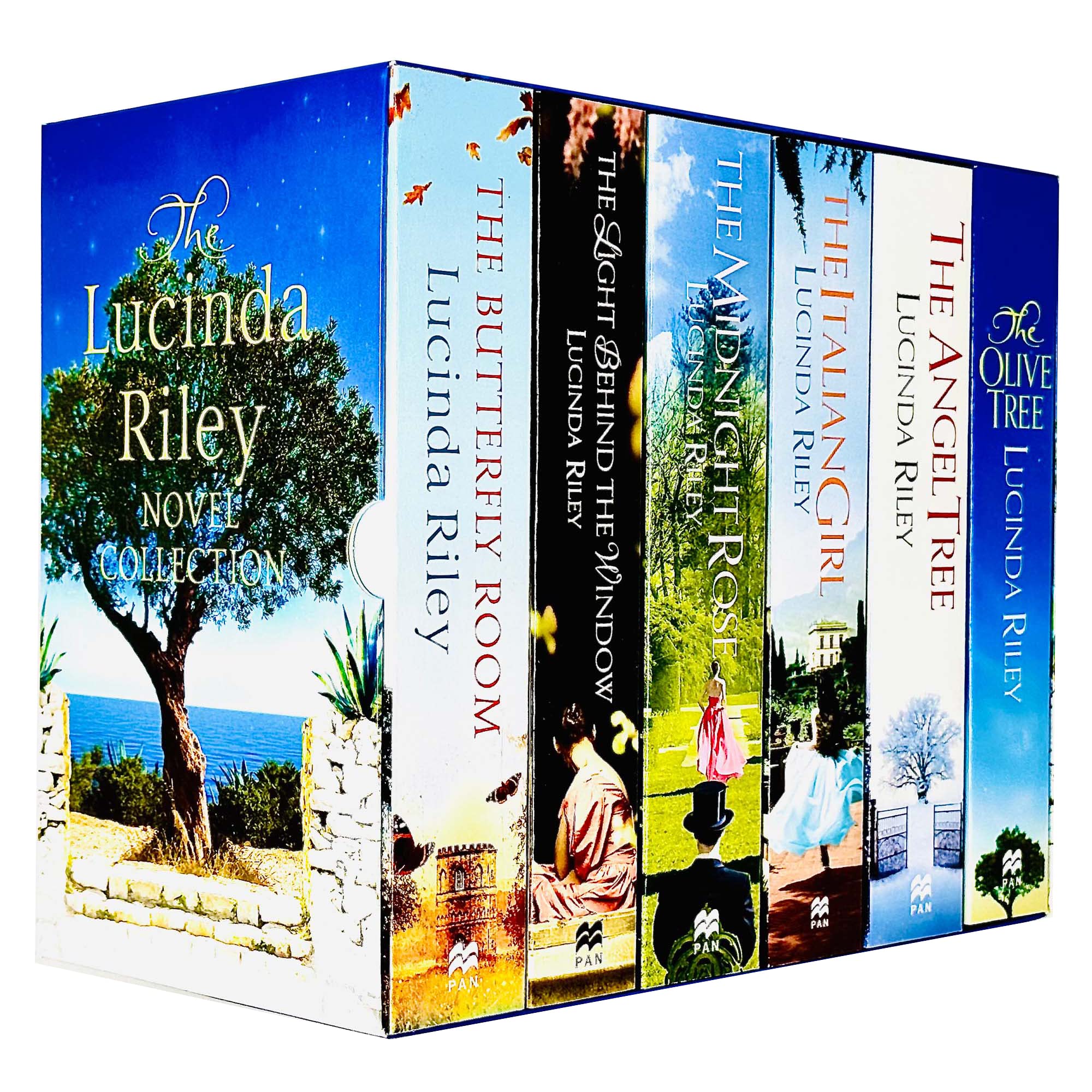 Close-up of The Olive Tree and The Angel Tree paperback covers from the Lucinda Riley box set