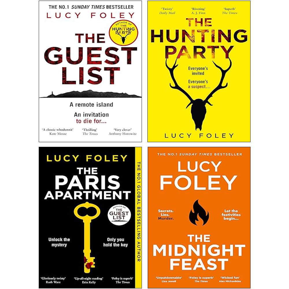 Lucy Foley 4 Books Collection Set paperback front cover featuring The Guest List, The Paris Apartment, The Hunting Party and The Midnight Feast