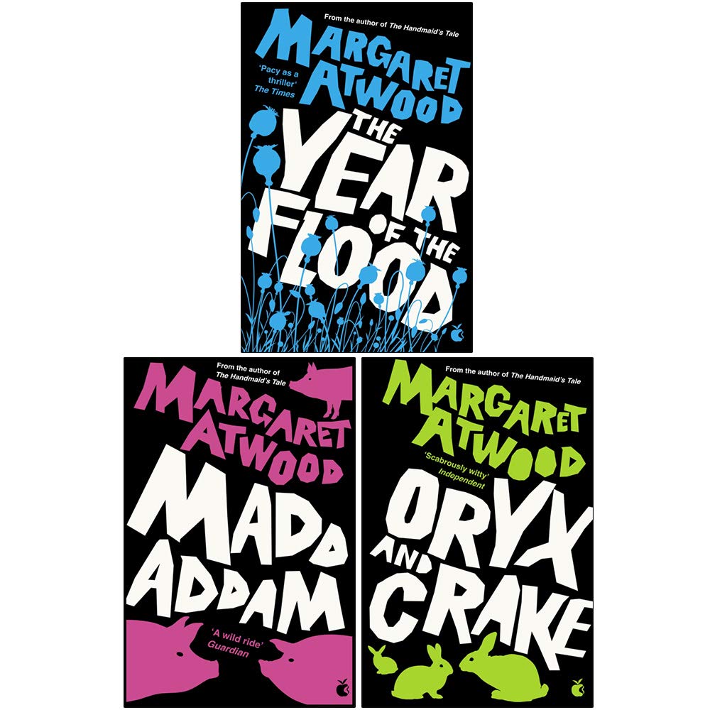 Close-up of the MaddAddam Trilogy paperback covers by Margaret Atwood, showcasing the dystopian fiction artwork and titles.