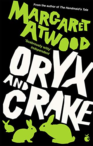 Angled view of the MaddAddam Trilogy paperback set by Margaret Atwood, displaying Oryx and Crake, The Year of the Flood, and MaddAddam covers together.
