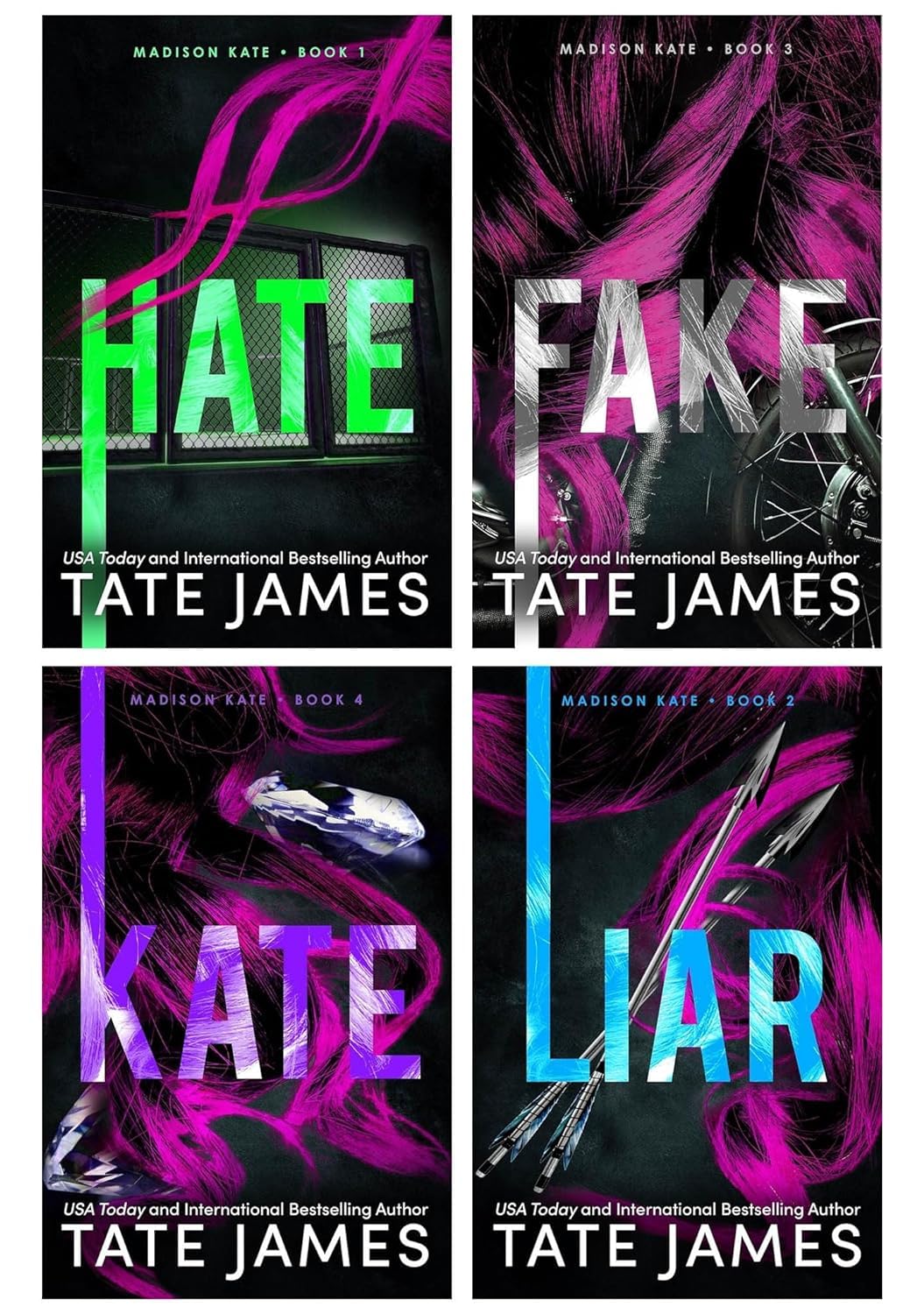 Madison Kate Series by Tate James 4 book paperback collection set front cover set including Hate, Liar, Fake, and Kate