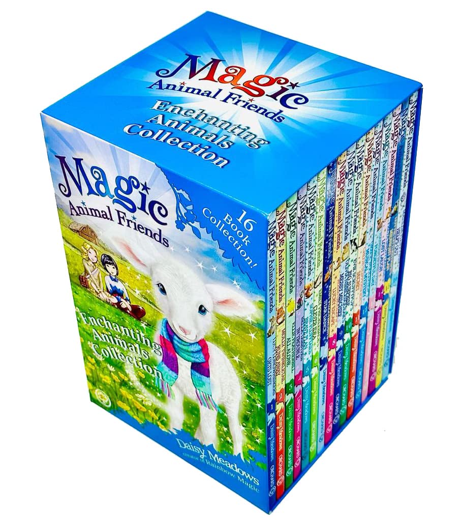 All 16 Magic Animal Friends paperback books by Daisy Meadows fanned out, displaying titles from Series 1 through 4.