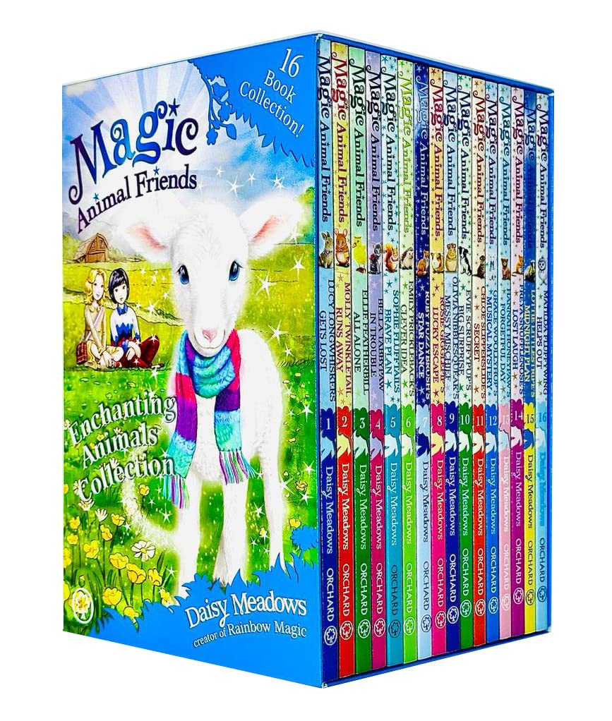 Front cover view of the Magic Animal Friends 16-book paperback box set by Daisy Meadows, showing colorful animal character covers for ages 7-9.