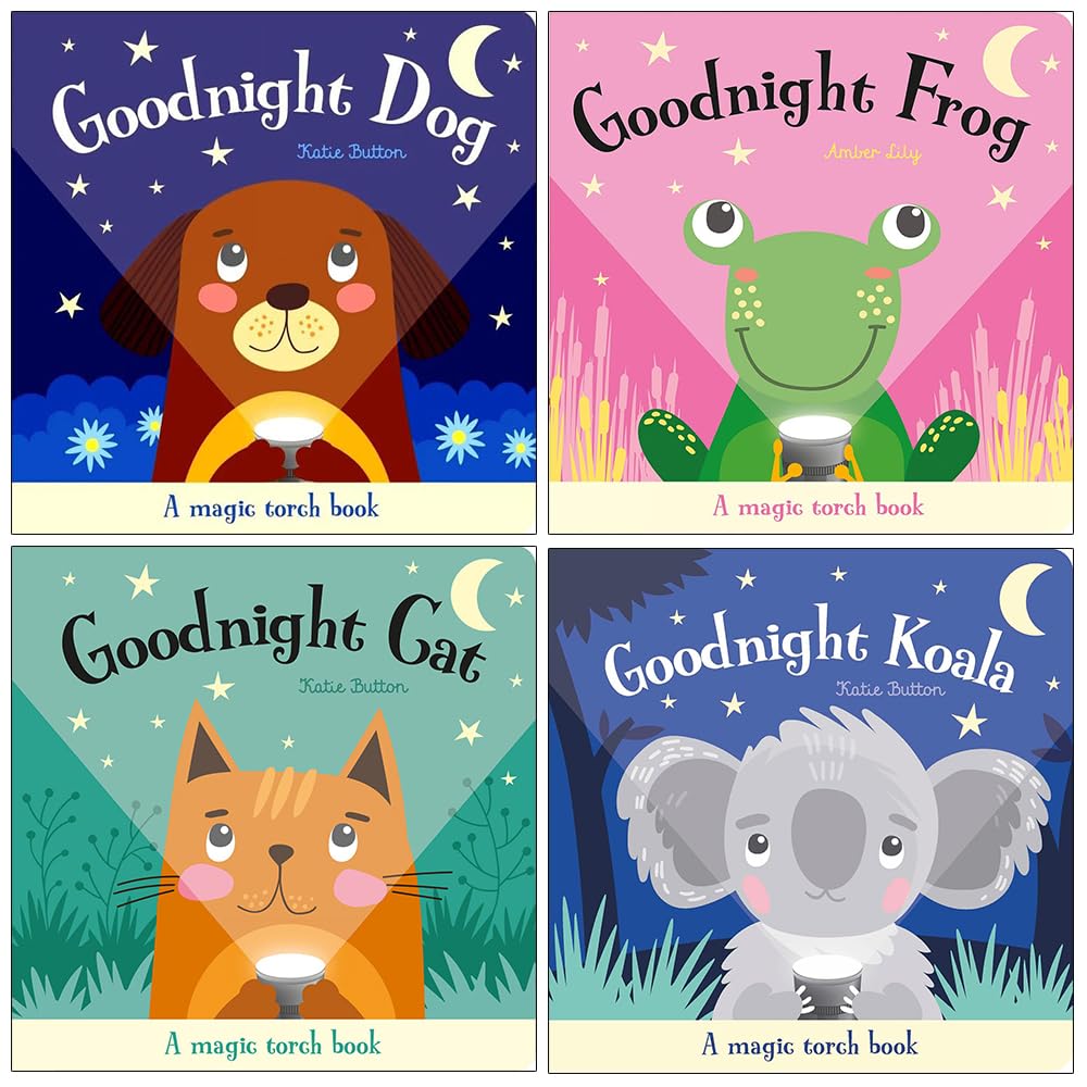 Magic Torch Books 4 Book Set hardcover front covers featuring Goodnight Dog, Goodnight Frog, Goodnight Cat, and Goodnight Koala by Katie Button